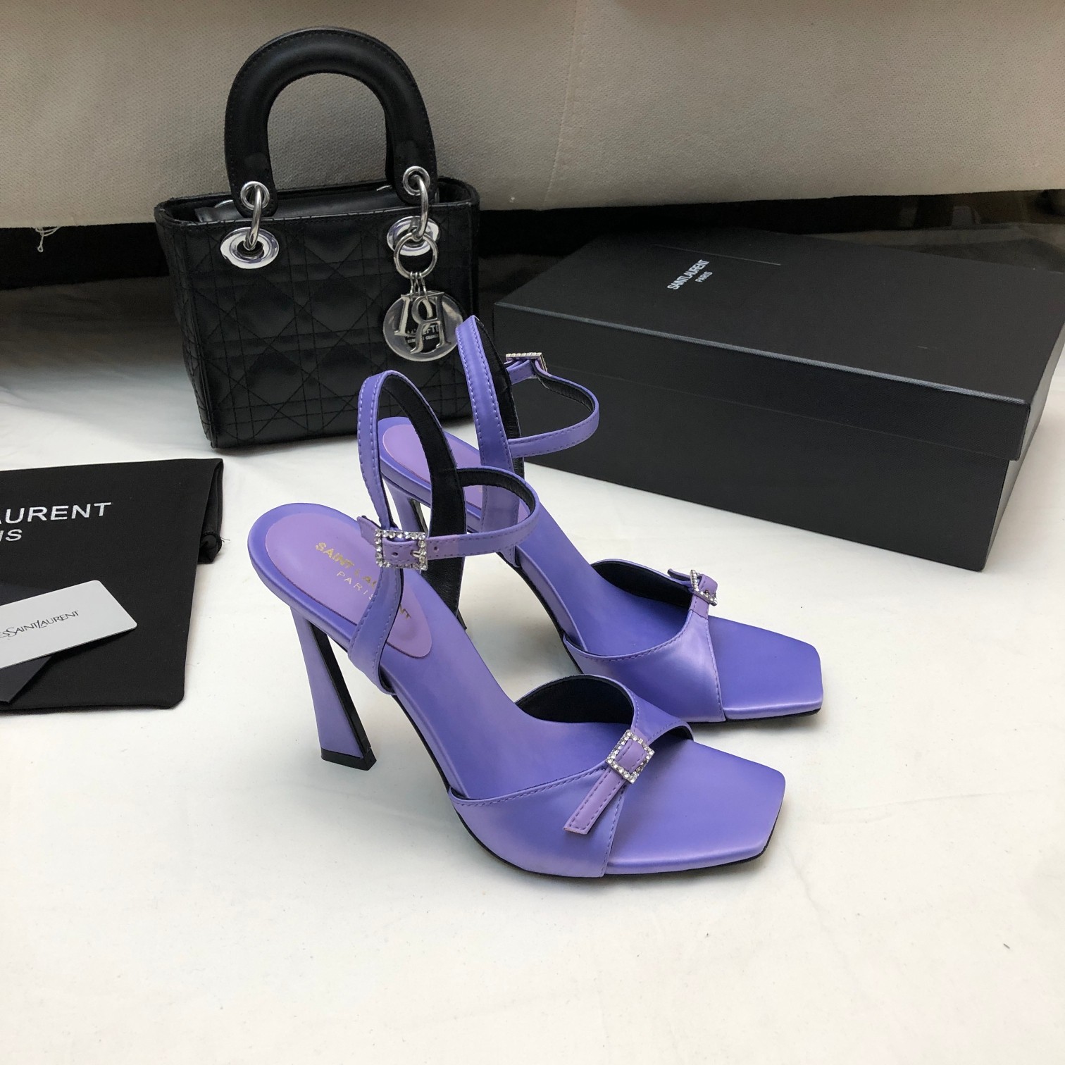Saint Laurent YSL Maxine Square Toe Venue Satin Crystal Buckle Ankle Strap Stiletto Heels Sandals - KAIROO