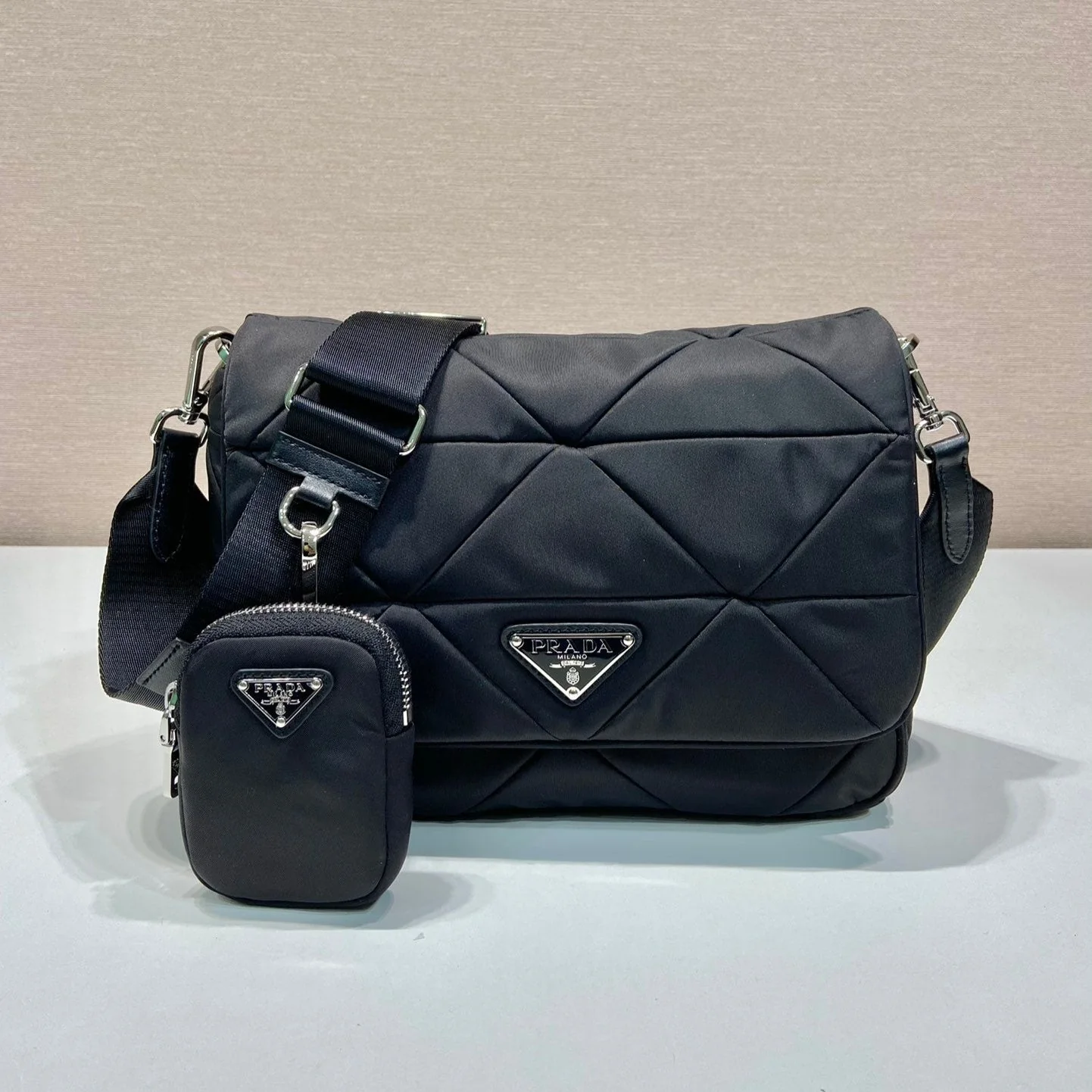 Prada MEDIUM FLAP BAG 24 IN BLACK TRIANGULAR QUILTED PATTERN RE-NYLON
