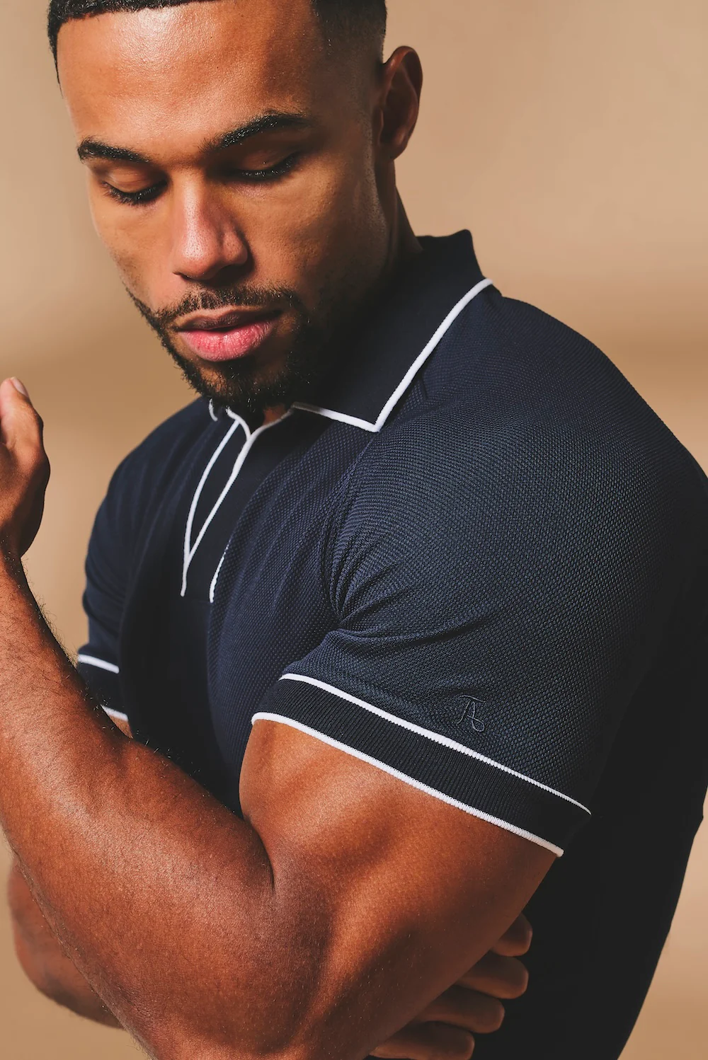 Tipped Textured Open Collar Polo Shirt in Navy and White