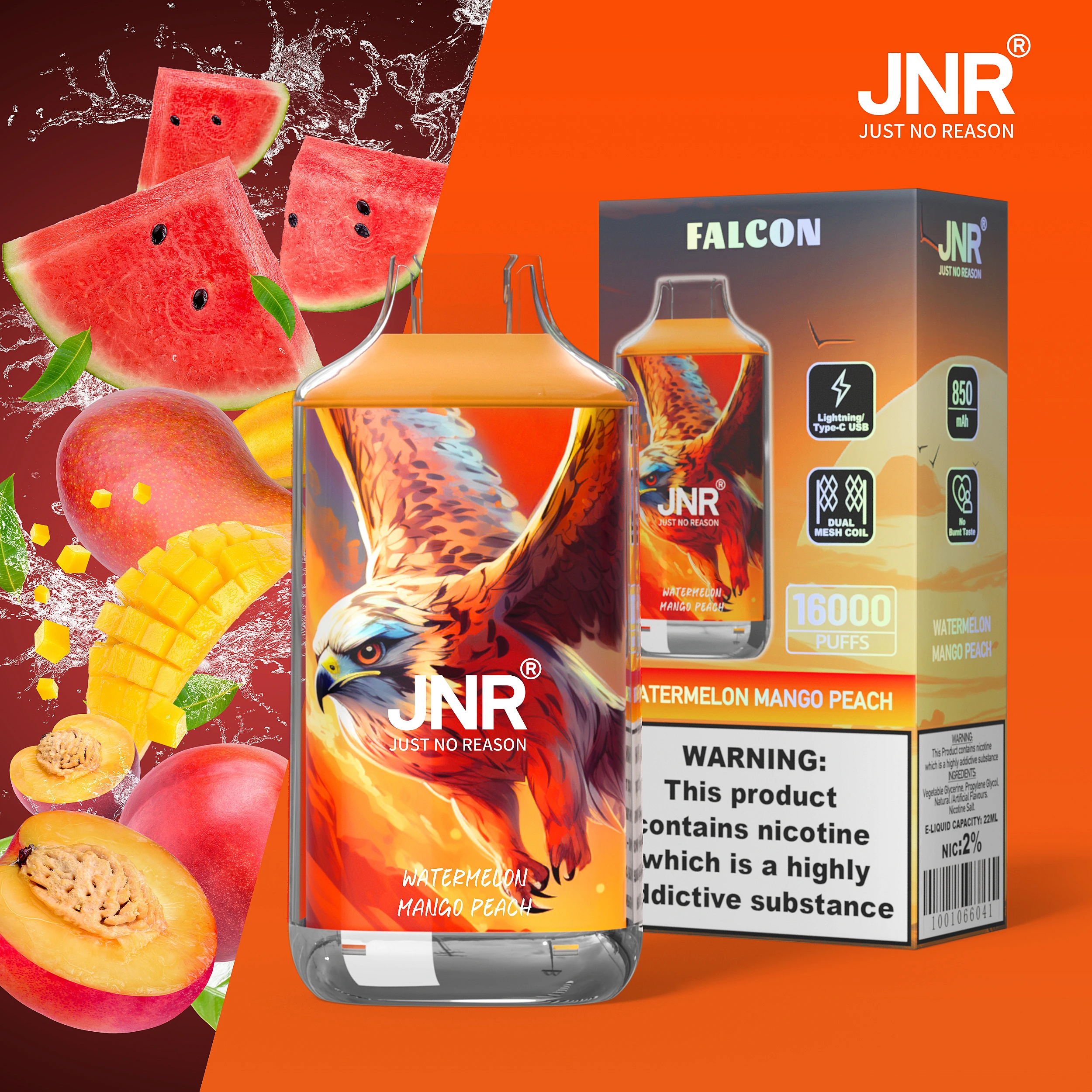 JNR Falcon 16K Rechargeable Disposable Vape – Watermelon Mango Peach