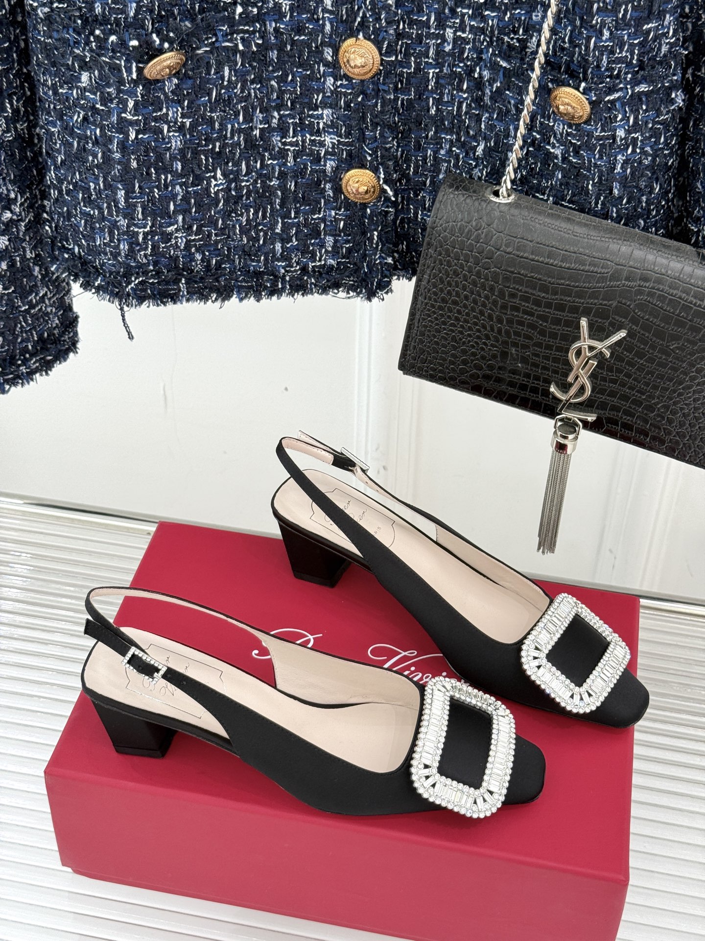 Roger Vivier silk rhinestone square buckle slingback