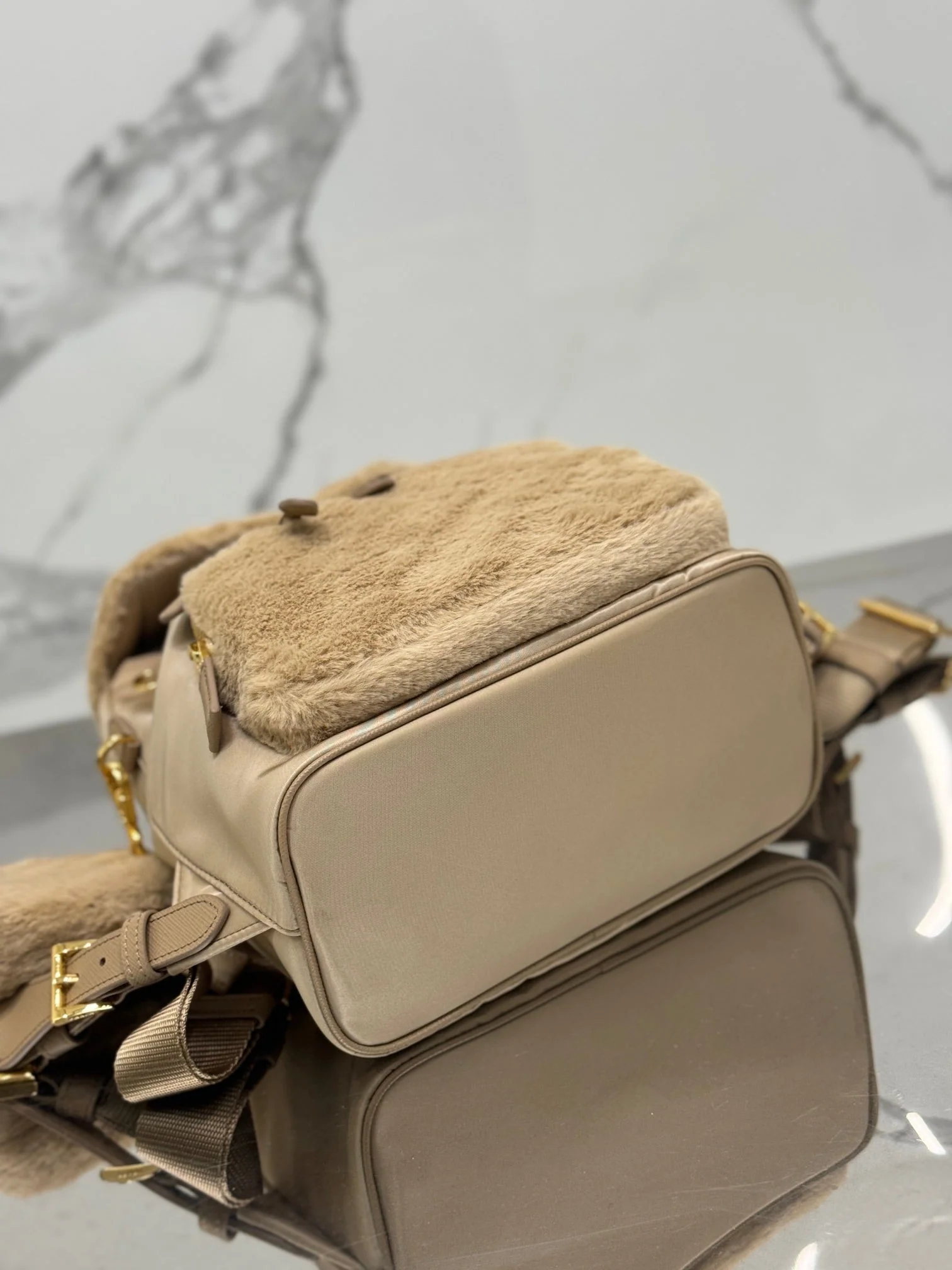 Prada BACKPACK 25 IN BEIGE PARACHUTE FABRIC AND RABBIT FUR