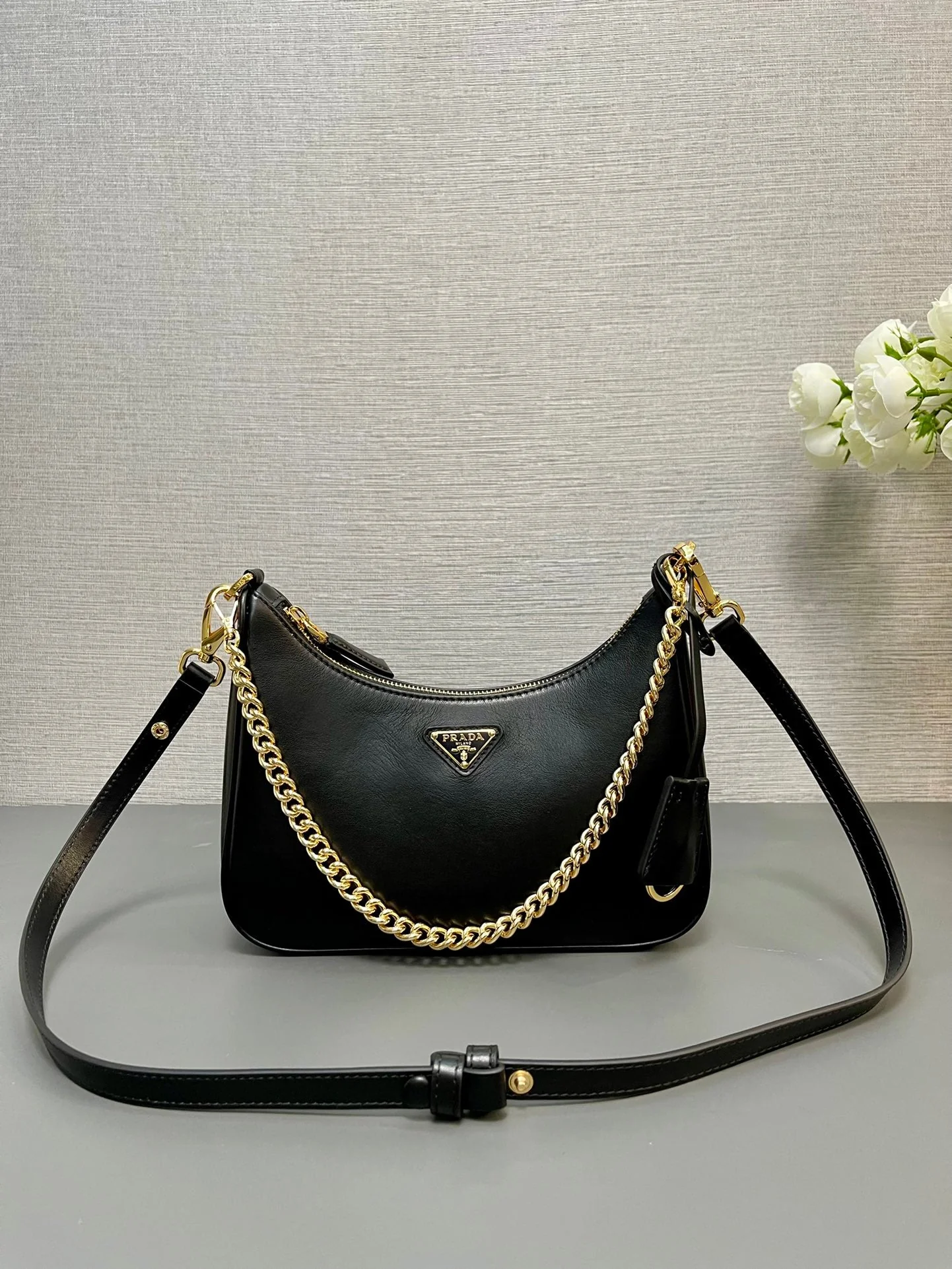Prada HOBO BAG 23 IN BLACK SMOOTH NAPPA LAMBSKIN GOLD HARDWARE
