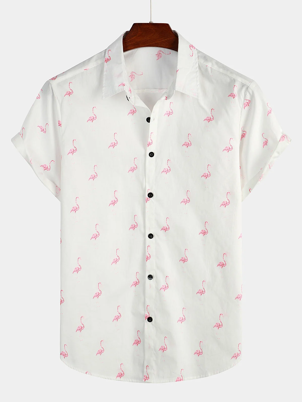 Men's Pink Flamingo Print Button-Up Short Sleeve Shirt