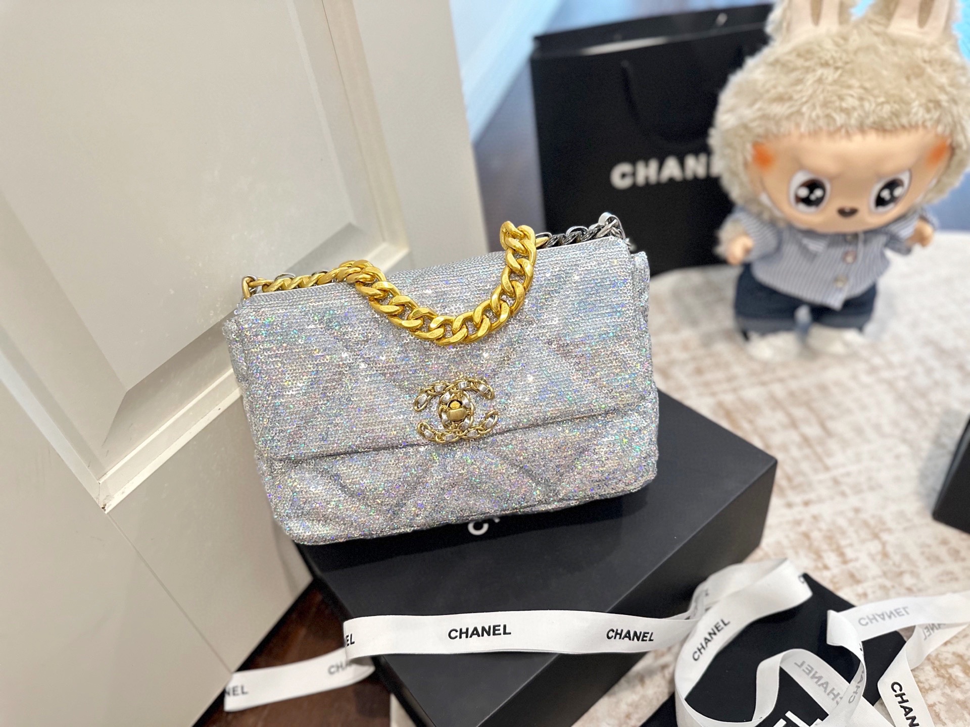 Chanel 19 Woc Sequined Glitter Fabric Crossbody Bag