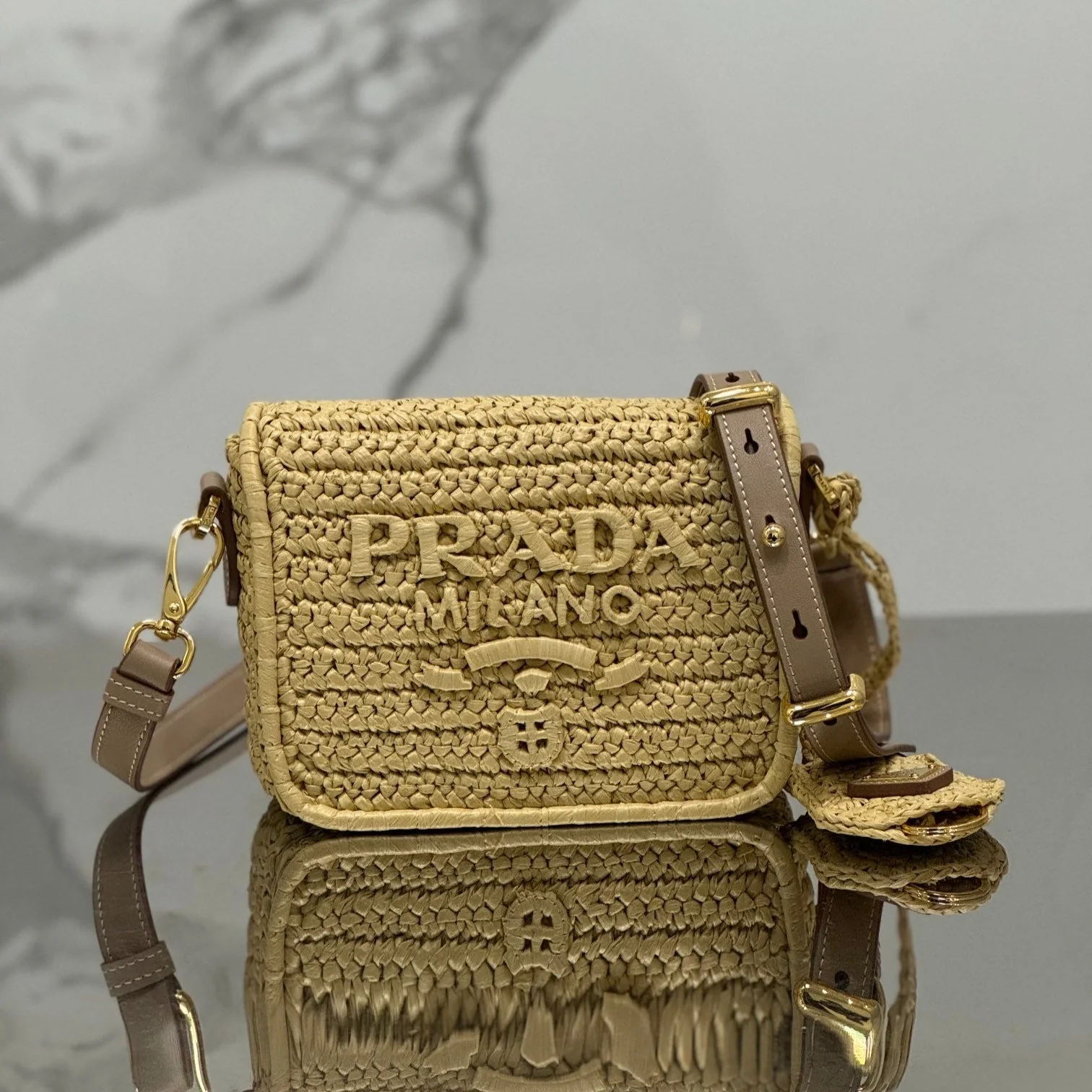 Prada WOVEN SMALL FLAP BAG 16 IN BEIGE RAFFIA GOLD HARDWARE