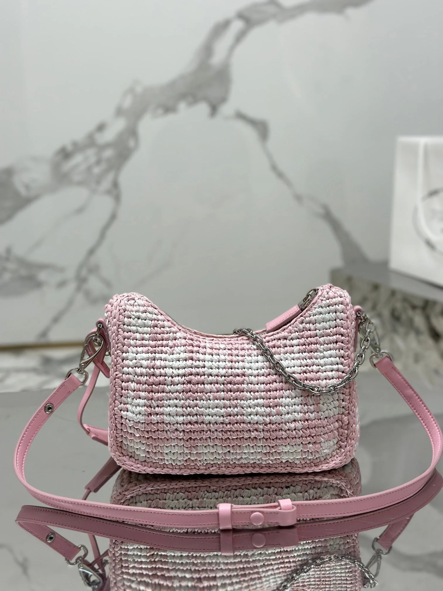 Prada CROCHET HOBO BAG 22 IN PINK MIX WHITE RAFFIA SILVER HARDWARE