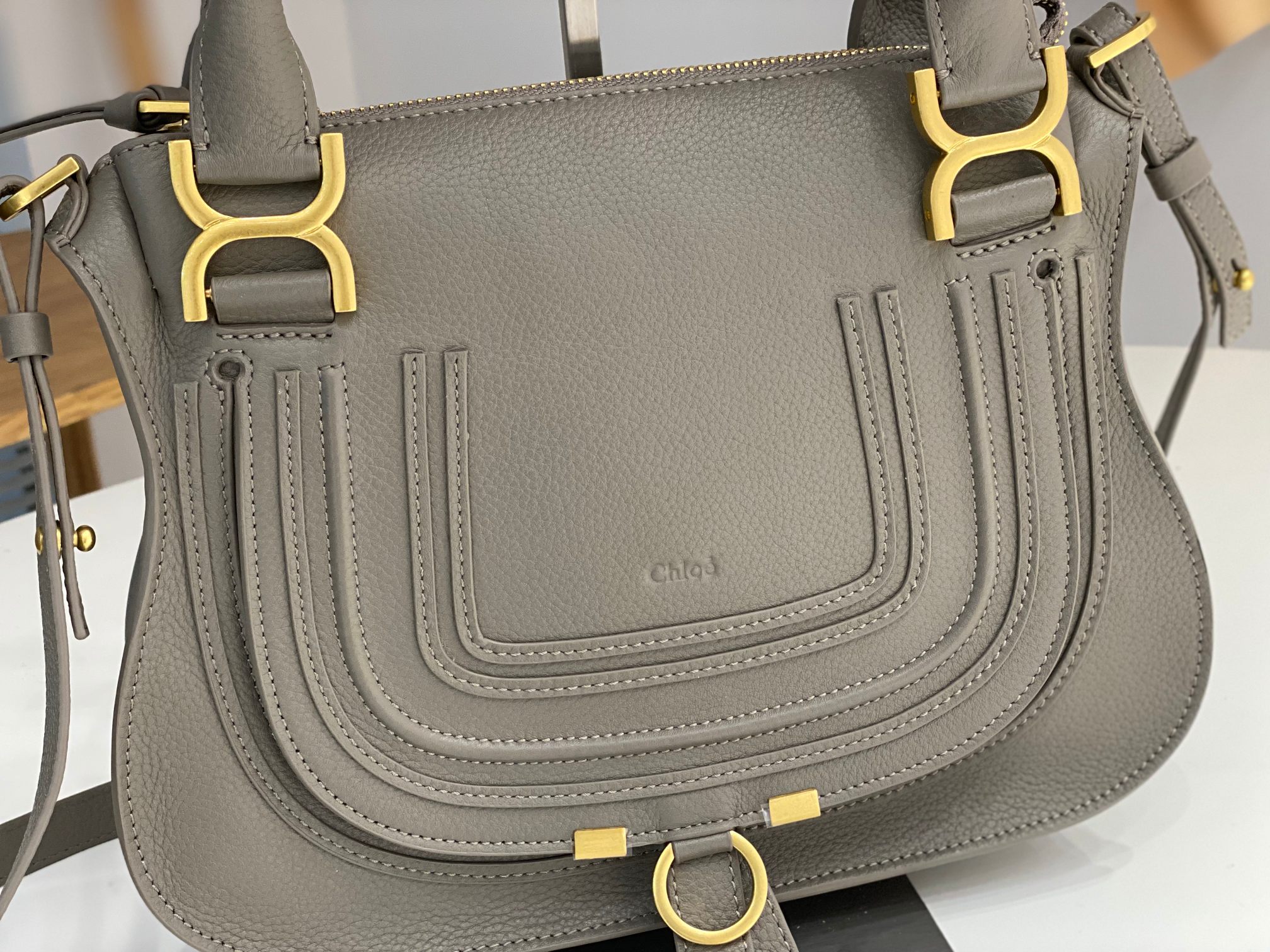 Chloe Small Marcie Bag in Grained Leather-Grey