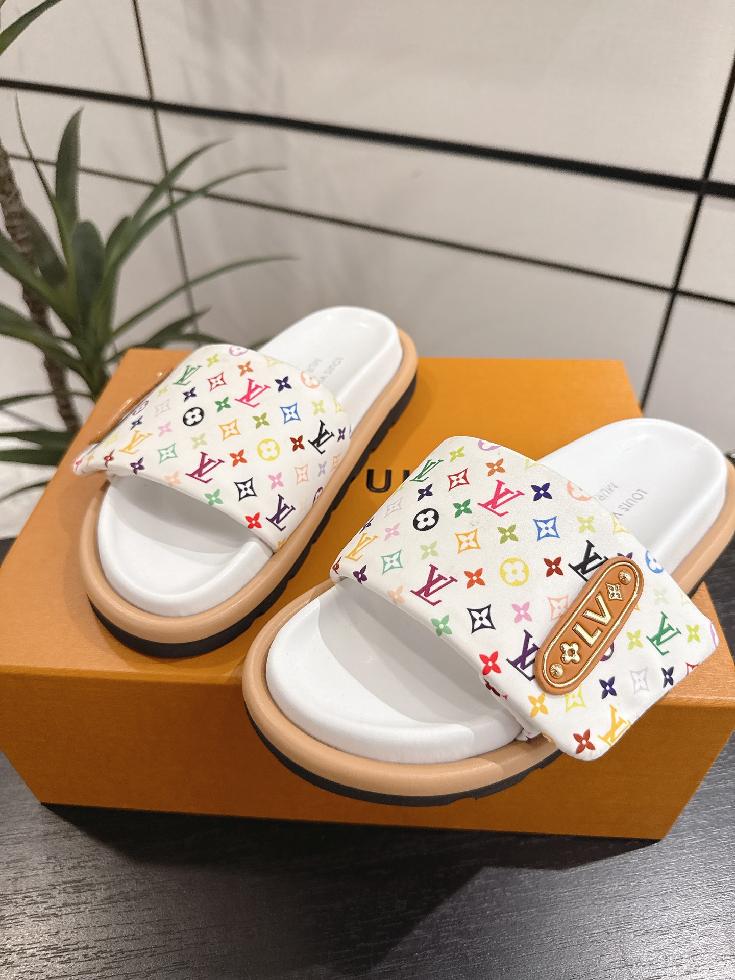 Louis Vuitton × Takashi Murakami White Monogram Multicolore Puffy Velcro Strap Flat Mule Slides Sandals - KAIROO