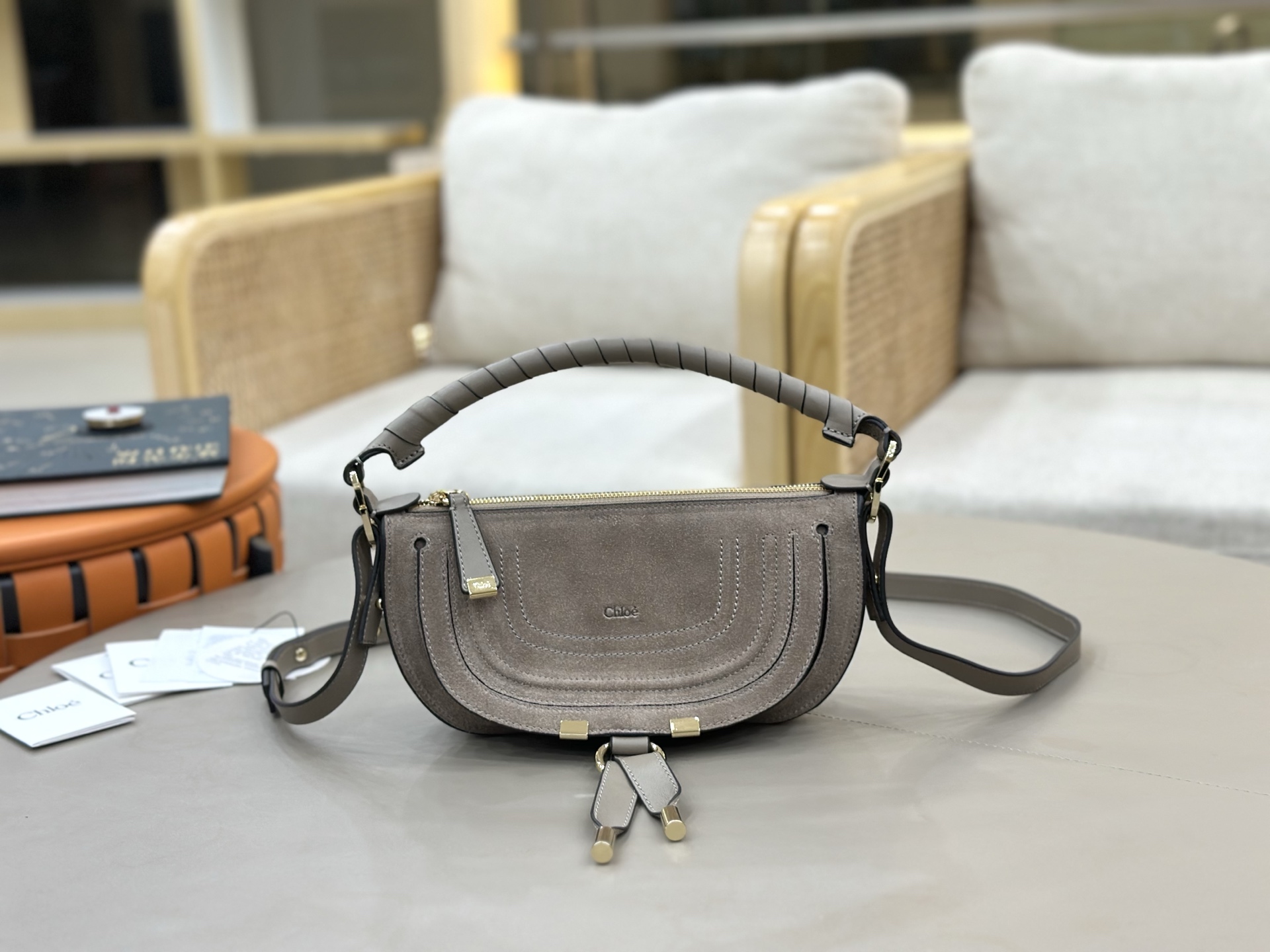 Chloe Mini Marcie Shoulder Bag in Suede Calfskin-Grey