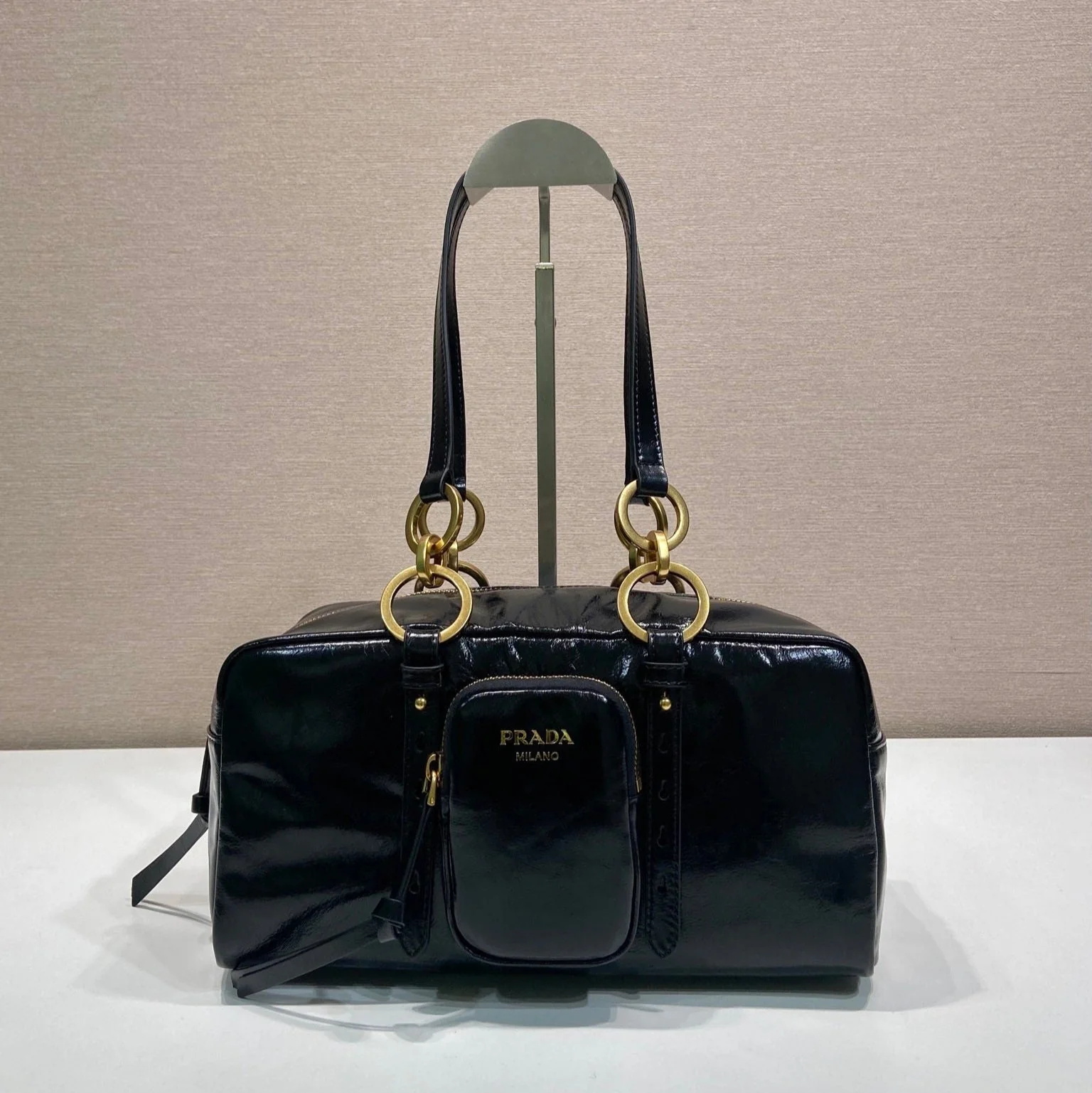Prada LARGE RECTANGULAR BAG 30 IN BLACK OIL WAX LAMBSKIN GOLD HARDWARE