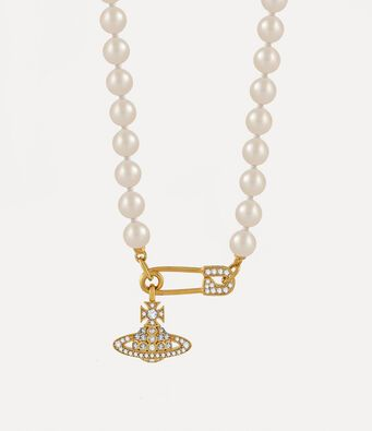 Gold-Tone Safety Pin Pearl Necklace with Rhinestone Orb Pendant | Elegant Dainty Jewelry for Women