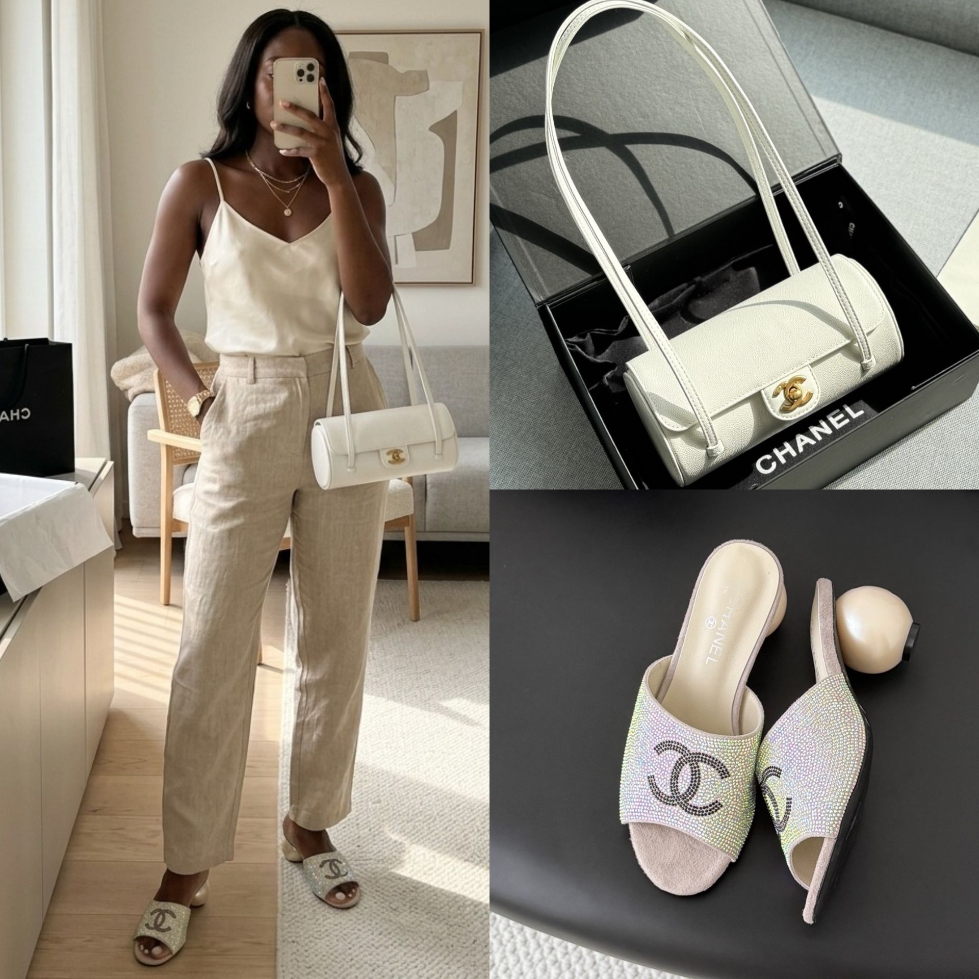 Chanel Classic White Caviar Leather Cylinder Bag 20cm & CC Logo Pearl Heel Flat Mules Set - KAIROO