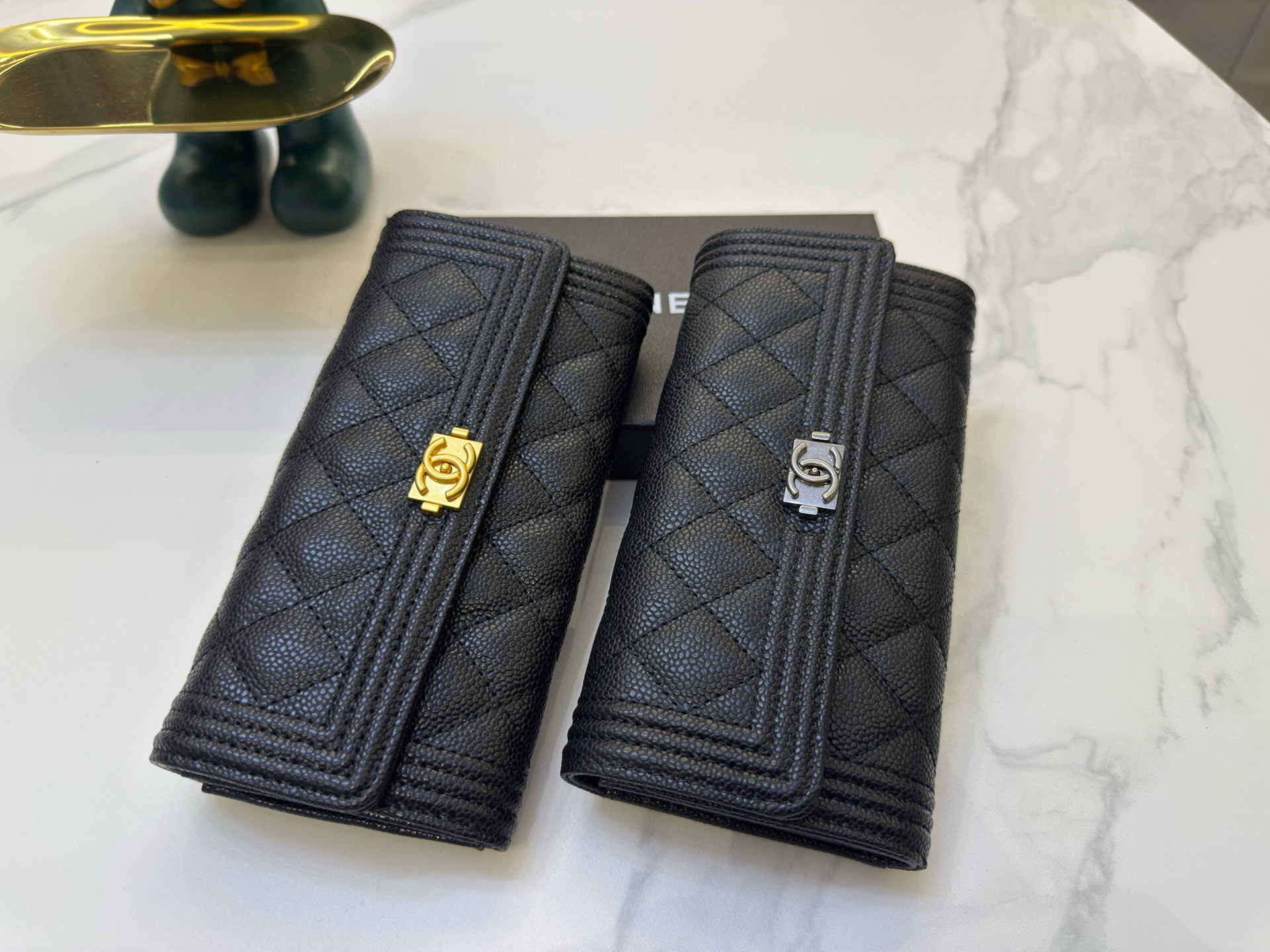 Chanel Le Boy Black Quilted Caviar & Smooth Leather Long Flap Wallet - KAIROO
