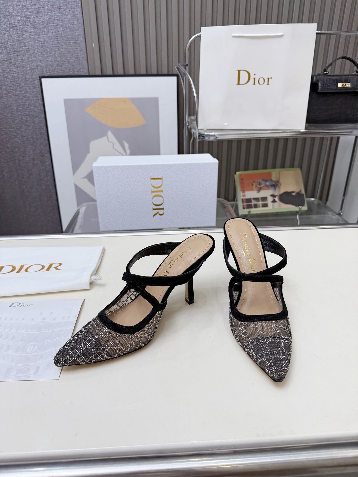 Dior D-Doll Cannage Embroidered Crystal Hollow Mesh Pointed Toe Crisscross Thin Strap Mule Sandal Heels - KAIROO