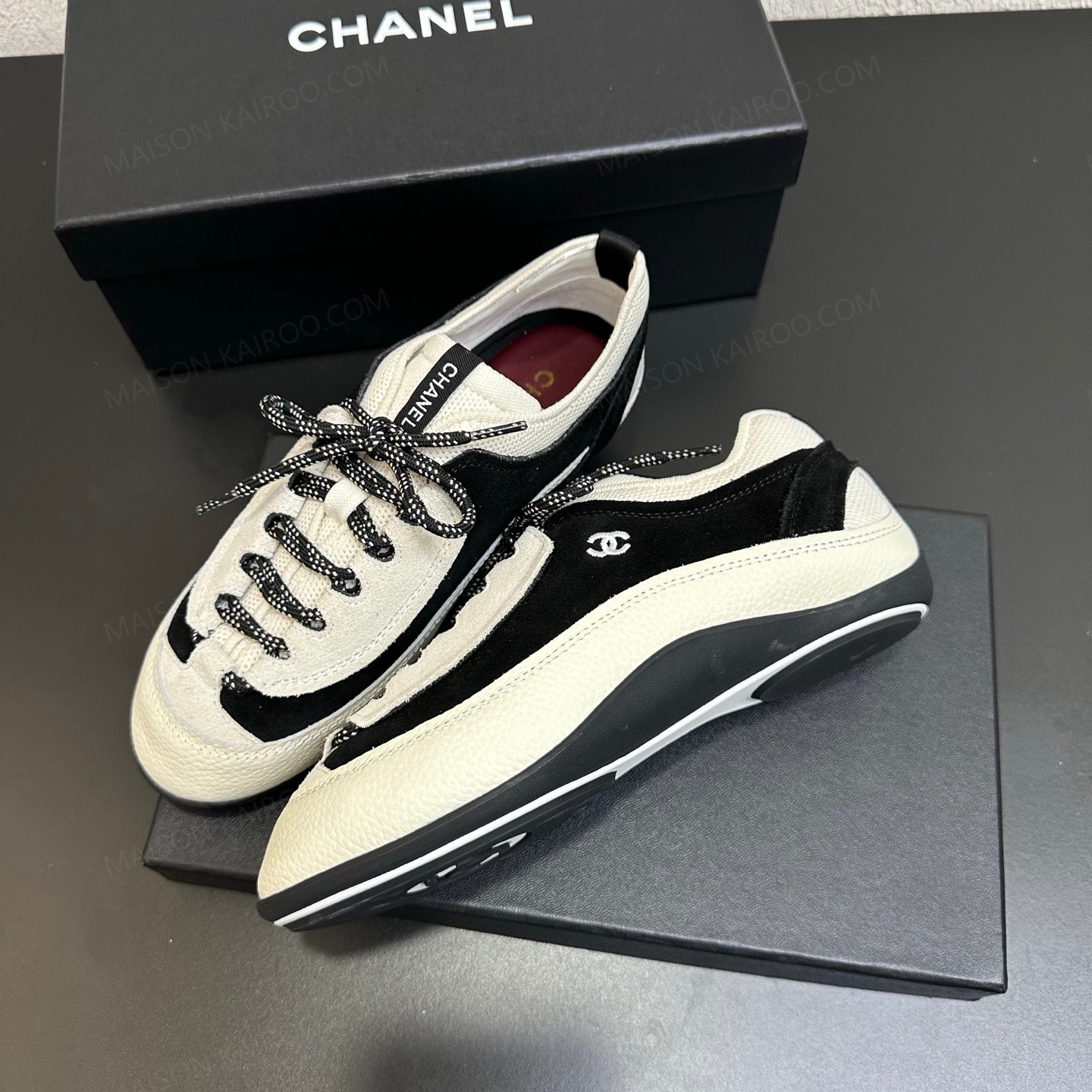 Chanel CC Logo Prada Suede& Calfskin Grained Leather Wave Panel Stitching Trainer Low Top Sneaker - KAIROO