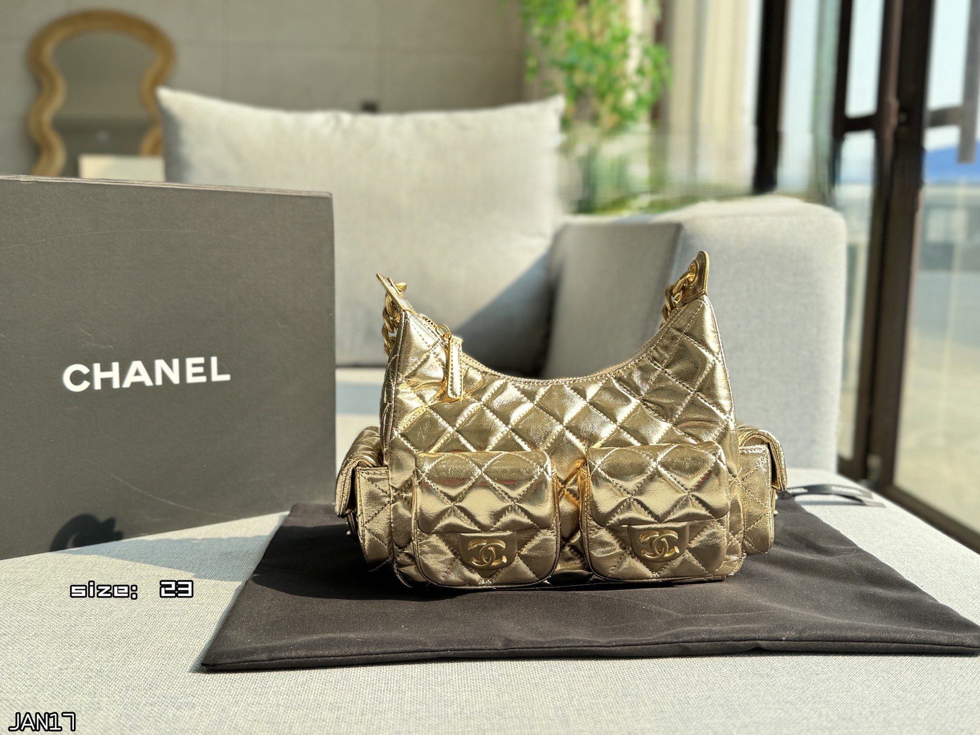 Chanel 25C Small Metallic Gold & Silver Quilted Four Multi-Pocket Cargo Hobo Shoulder Bag - KAIROO
