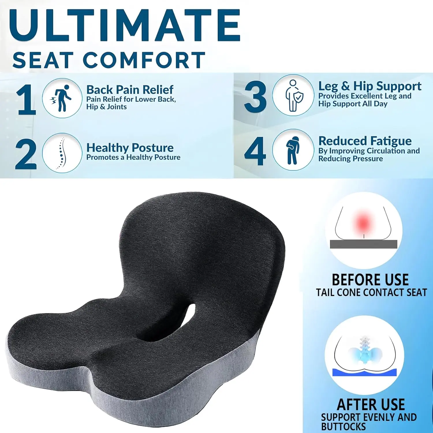 Ergonomic High-Density Memory Foam Seat Cushion - Non-Slip Orthopedic Support for Car, Office & Home - Breathable Washable Cover for Long-Distance Driving Comfort