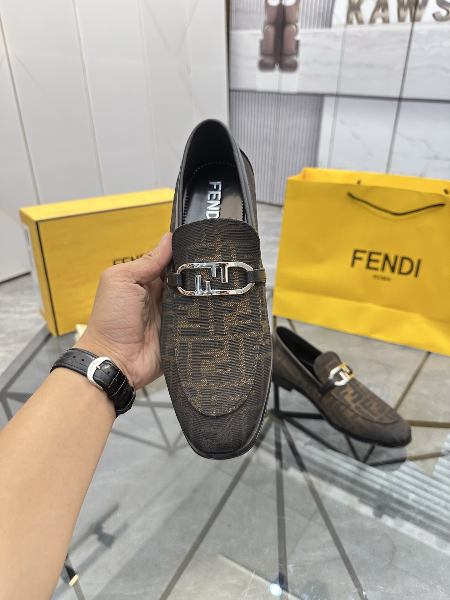 Fendi Almond Toe FF Monogram Jacquard Fabric Loafers With O'Lock Detail - KAIROO