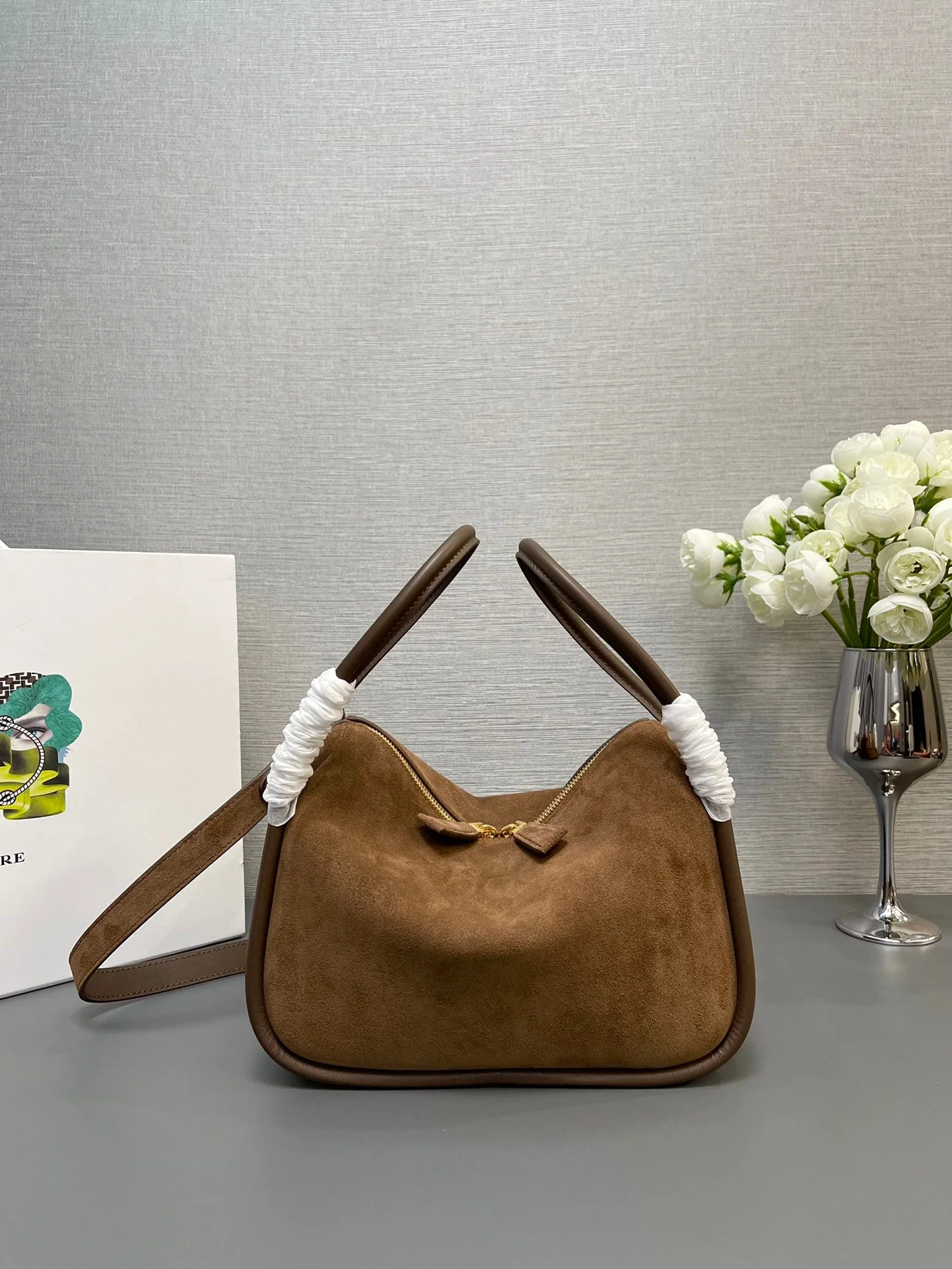 Prada BOWLING BAG 25 IN ASH BROWN SUEDE AND CALFSKIN TRIM GOLD LOGO