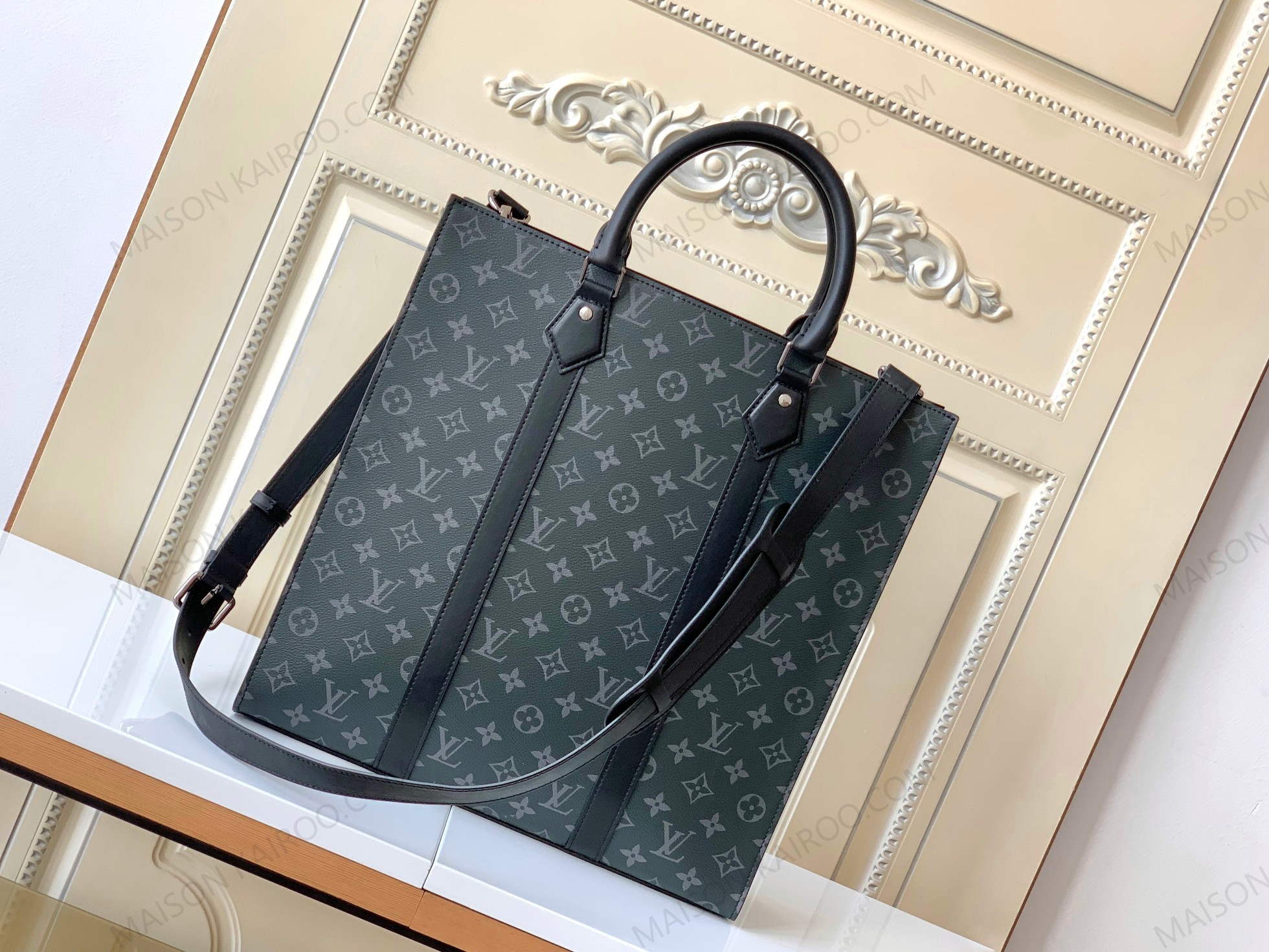 Louis Vuitton LV Sac Plat MM Black Eclipse Monogram Canvas Handheld Briefcase Vertical Tote Bag - KAIROO