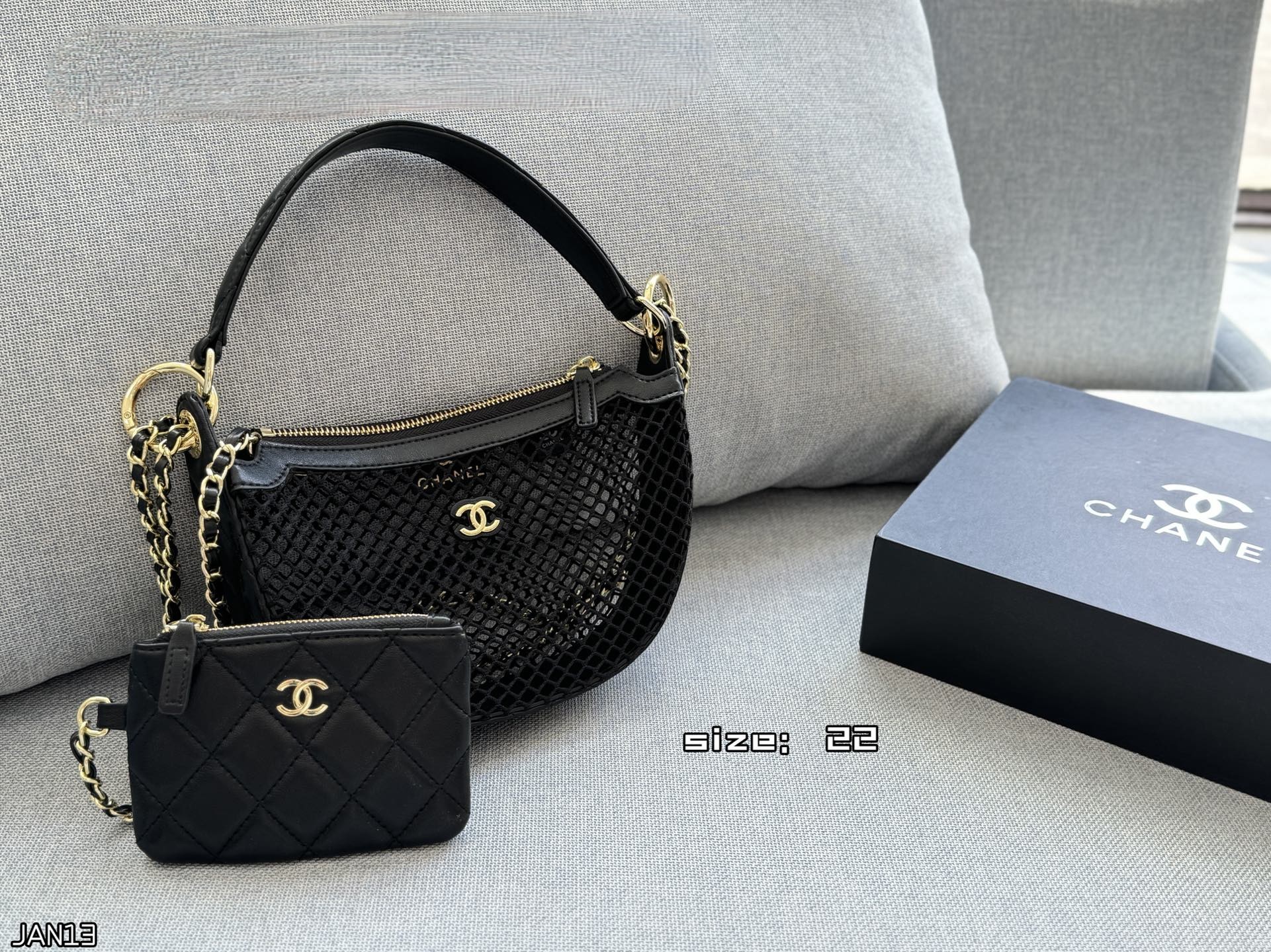 Chanel Mesh Cut-out Leather Trim Chain Strap Half-Moon Hobo Shoulder Bag With Mini Pouch - KAIROO