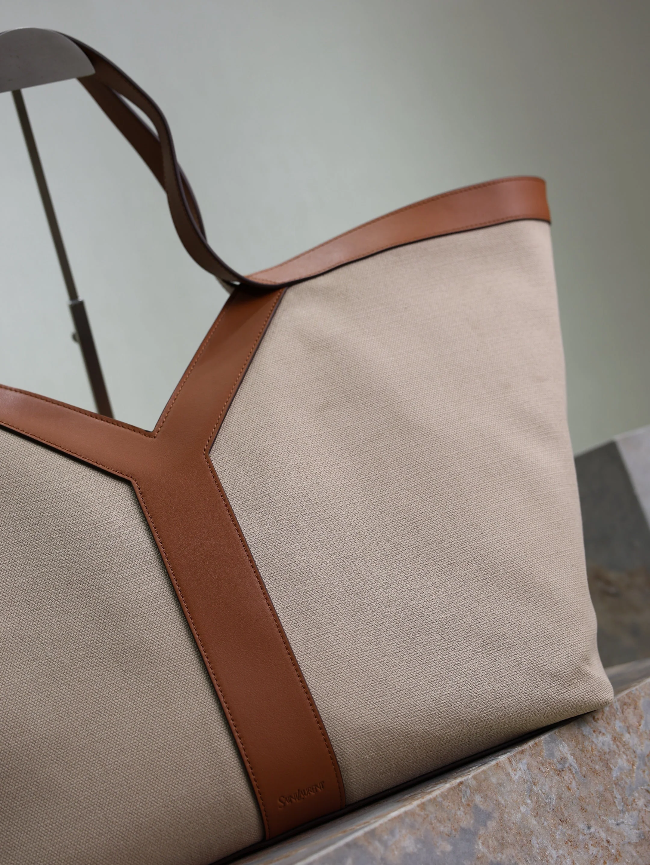 Saint Laurent YSL  Tote Bag Beige Brown Canvas Leather