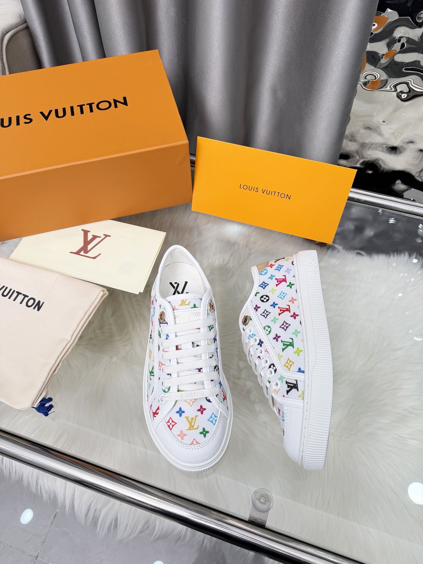 Louis Vuitton X Takashi Murakami Multicolor White Canvas Leather Trim Low Top Platform Sneaker - KAIROO