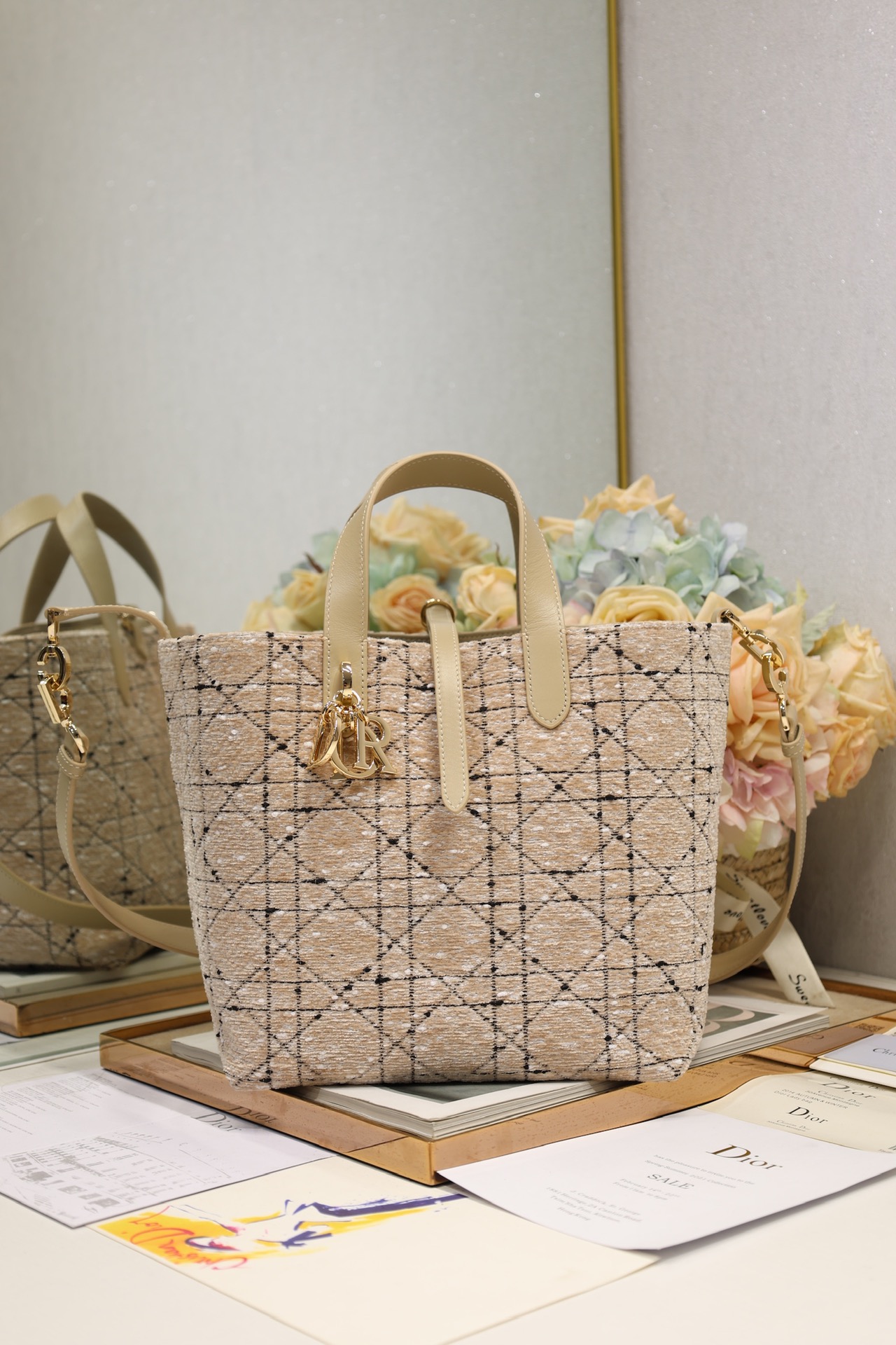 Dior Medium Vertical Toujours in Beige Tweed Canvas
