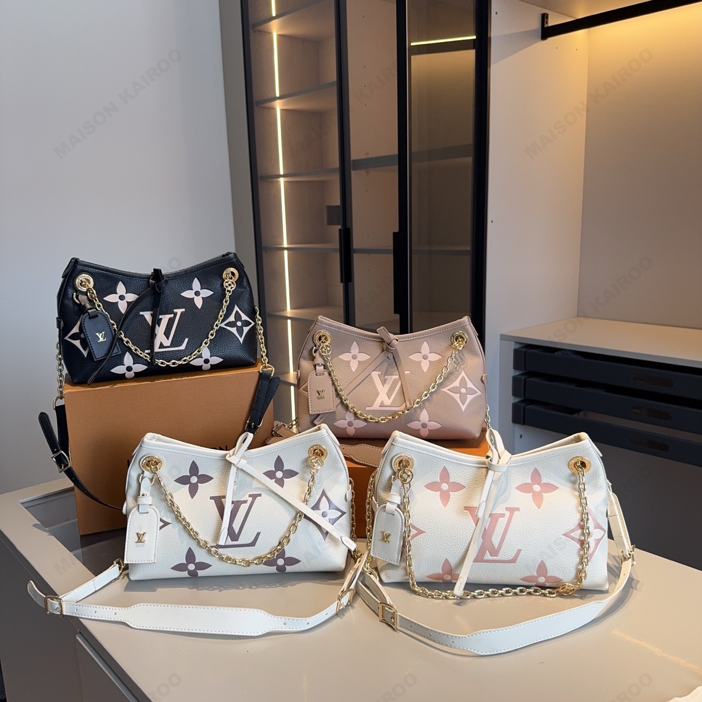 Louis Vuitton LV Carryall BB Bicolor Oversized Monogram Embossed Leather Bow Chain Hobo Shoulder Bag - KAIROO