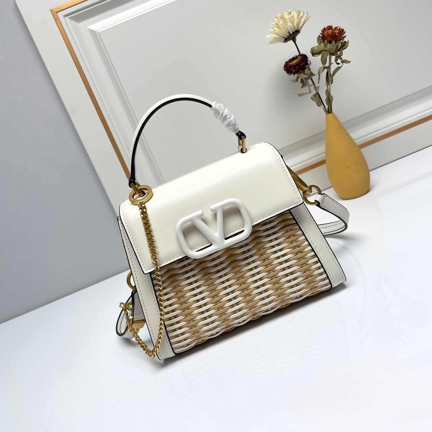 Valentino Tonal VLogo Signature White Woven Leather Gold Chain Handle Shoulder Crossbody Bag - KAIROO