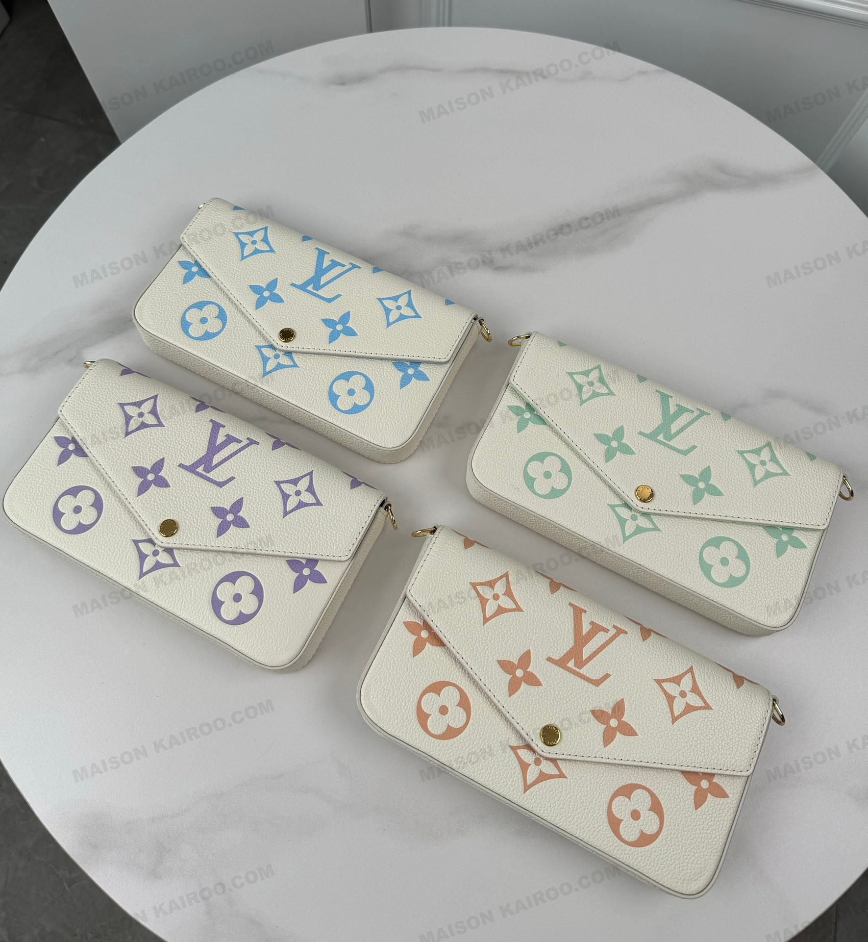 Louis Vuitton LV Felicie Pochette 3-in-1 Pastel Bicolor Monogram Embossed Leather Chain Envelope Shoulder Bag - KAIROO