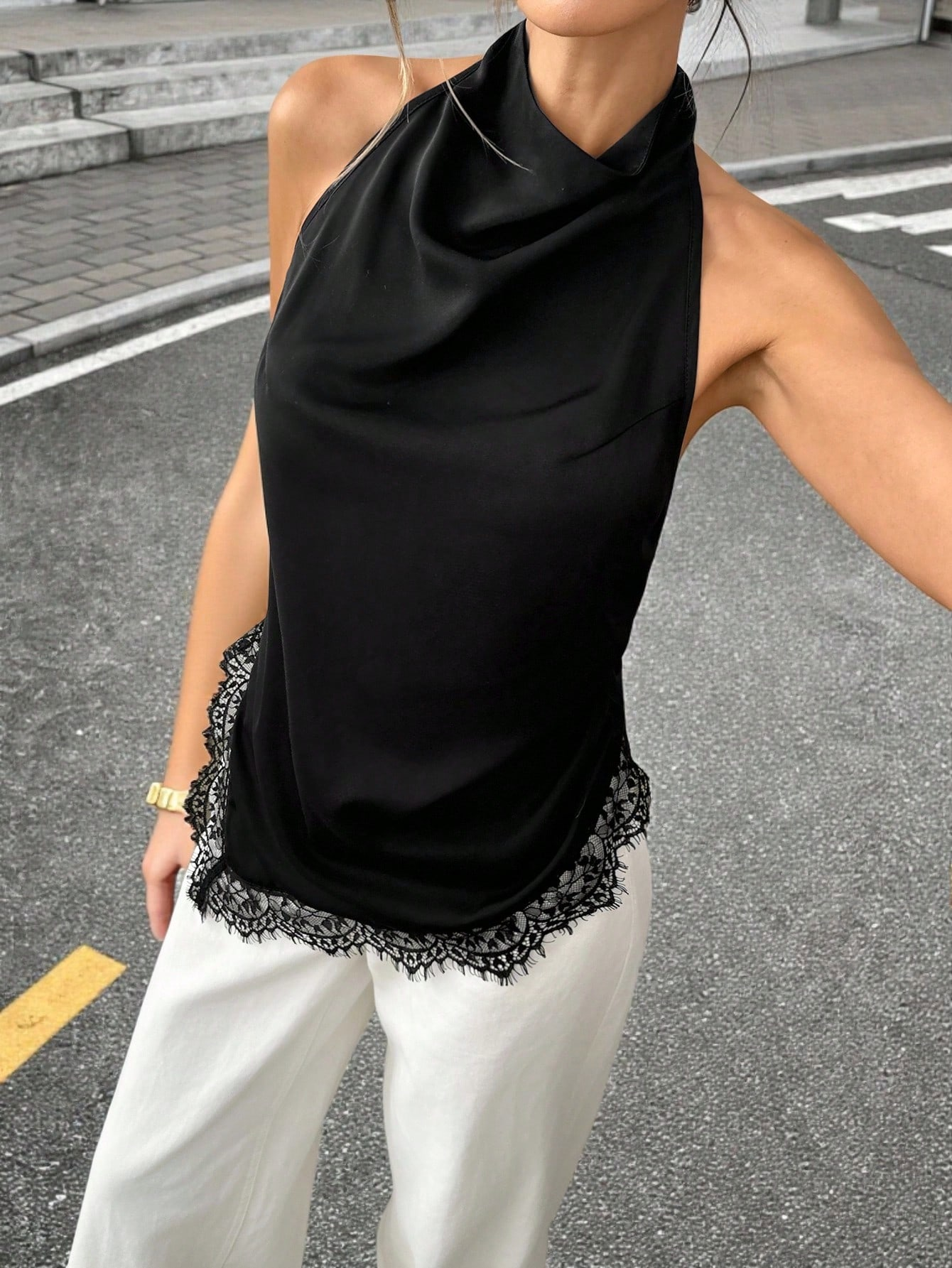 Women's Lace Hem Open Back Silk Halter Top