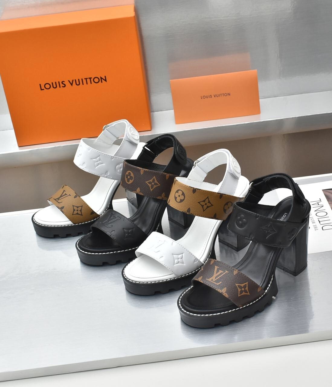 Louis Vuitton Monogram Canvas Leather Starboard Strappy Chunky Block High Heeled Sandals - KAIROO