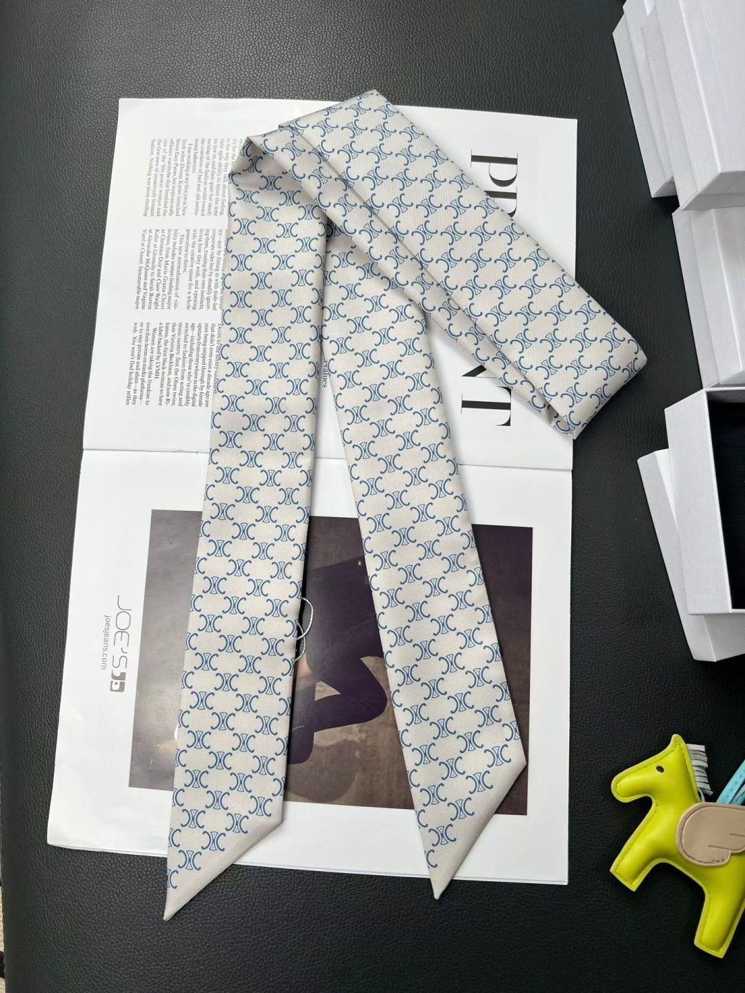 Celine Blue Monogram Triomphe All Over Print Silk Twill Skinny Scarf - KAIROO