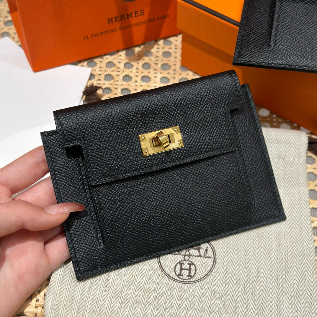 Hermes Black Epsom Kelly Pocket Compact Wallet