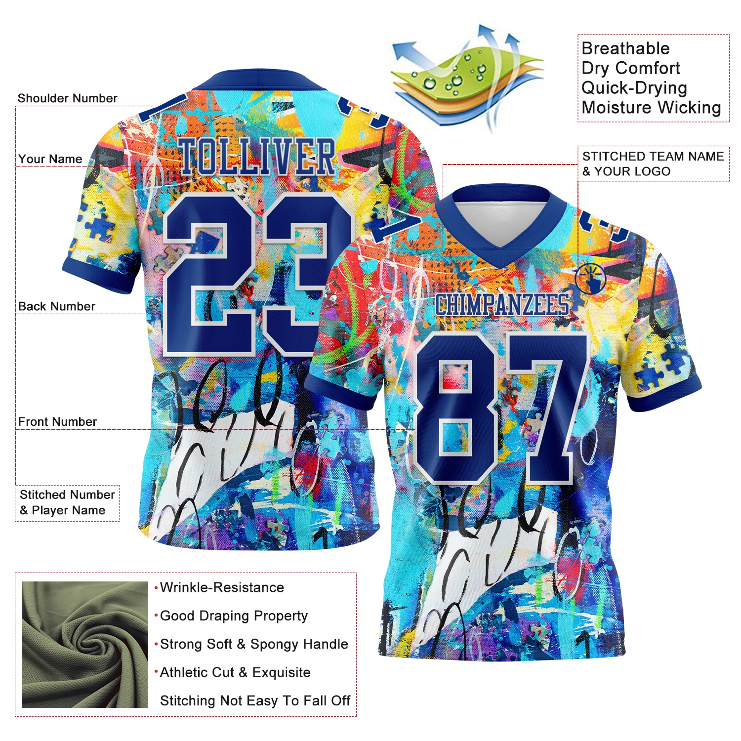 Custom Graffiti Pattern Royal-White 3D Pattern Authentic Football Jersey
