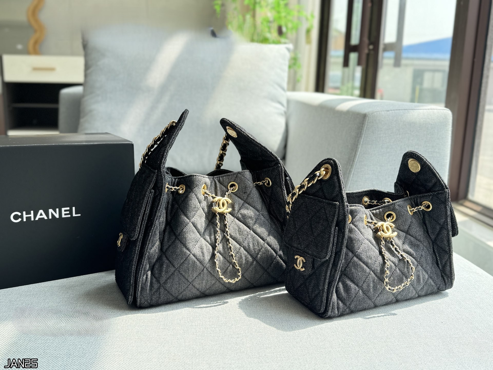 Chanel 25 Small& Mini Denim Quilted CC Logo Drawstring Lazy Bucket Hobo Shoulder Bag - KAIROO