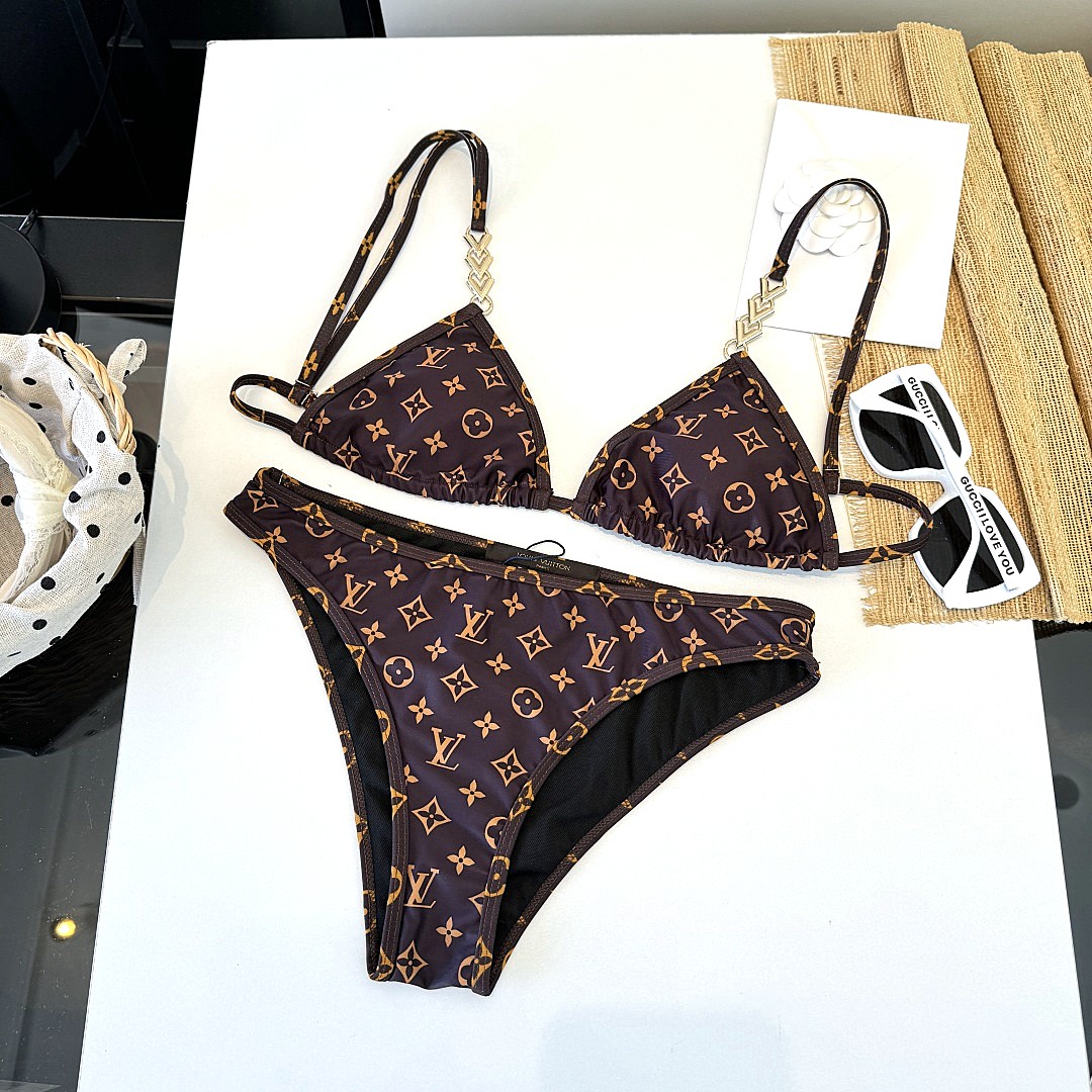 Louis Vuitton LV  Monogram Print Chain Strap Triangle Bikini Two-Piece Swimsuit /Dark Brown - KAIROO
