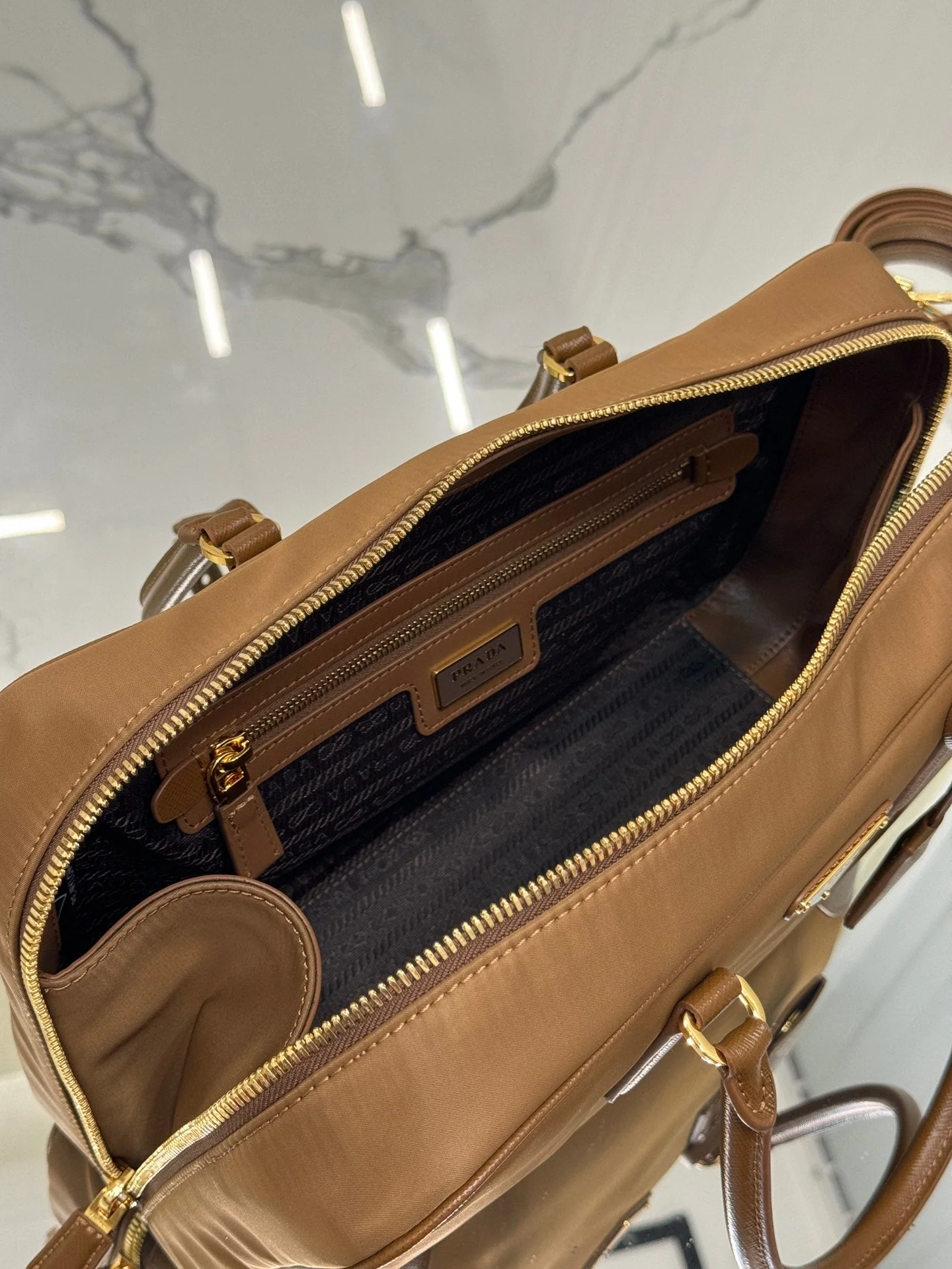 Prada LARGE TOP HANDLE BAG 35 IN CHERRY WOOD NYLON AND CALFSKIN TRIM