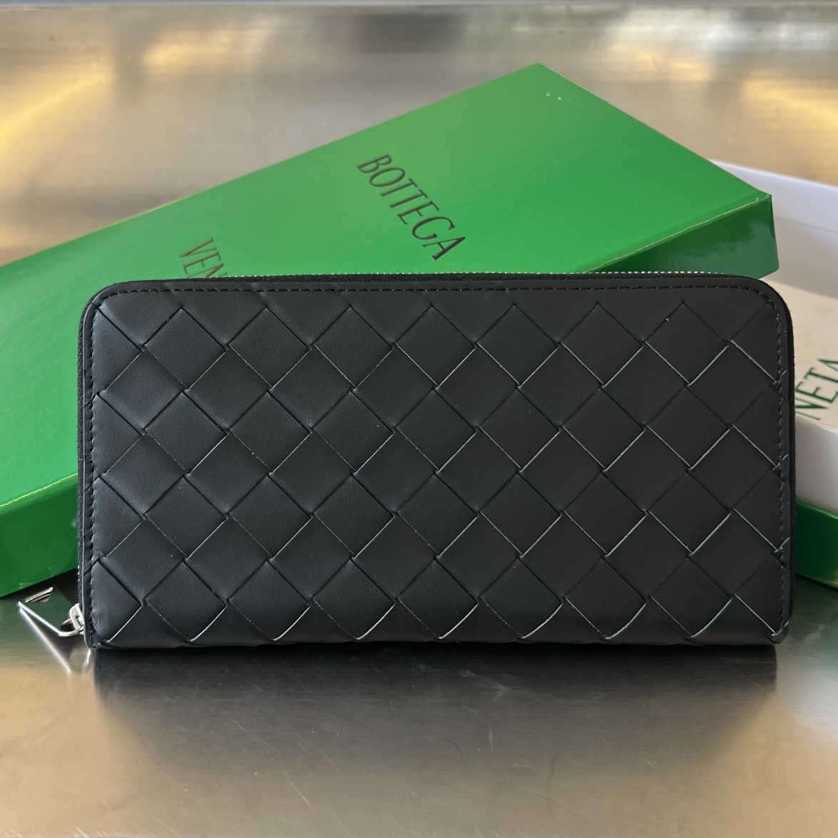 Bottega Veneta Large Zippy Around Wallet Wallet in Black Intreccio Leather