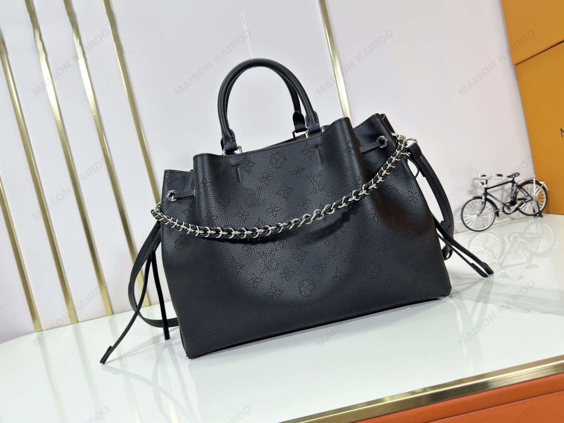 Louis Vuitton LV Mahina Bella Tote Black Perforated Monogram Leather Drawstring Bucket Top Handle Bag - KAIROO
