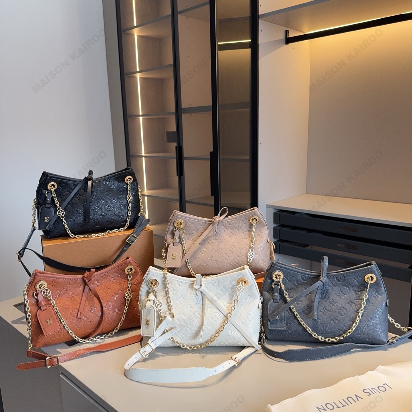Louis Vuitton LV Carryall BB Dense Micro Monogram Embossed Leather Bow Chain Strap Hobo Shoulder Bag - KAIROO