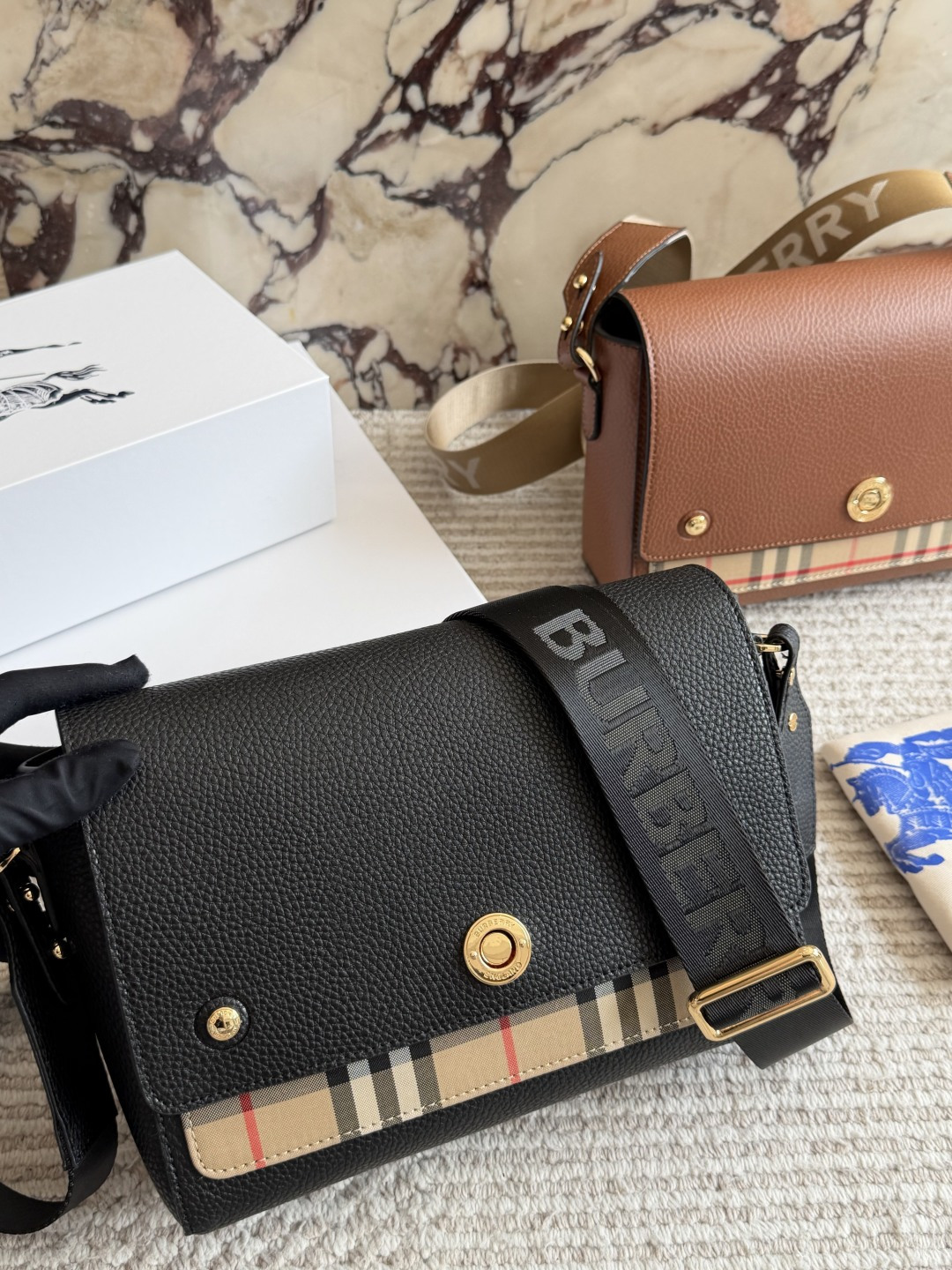 Burberry Grained Leather Check Detail Medium Messenger Bag - KAIROO