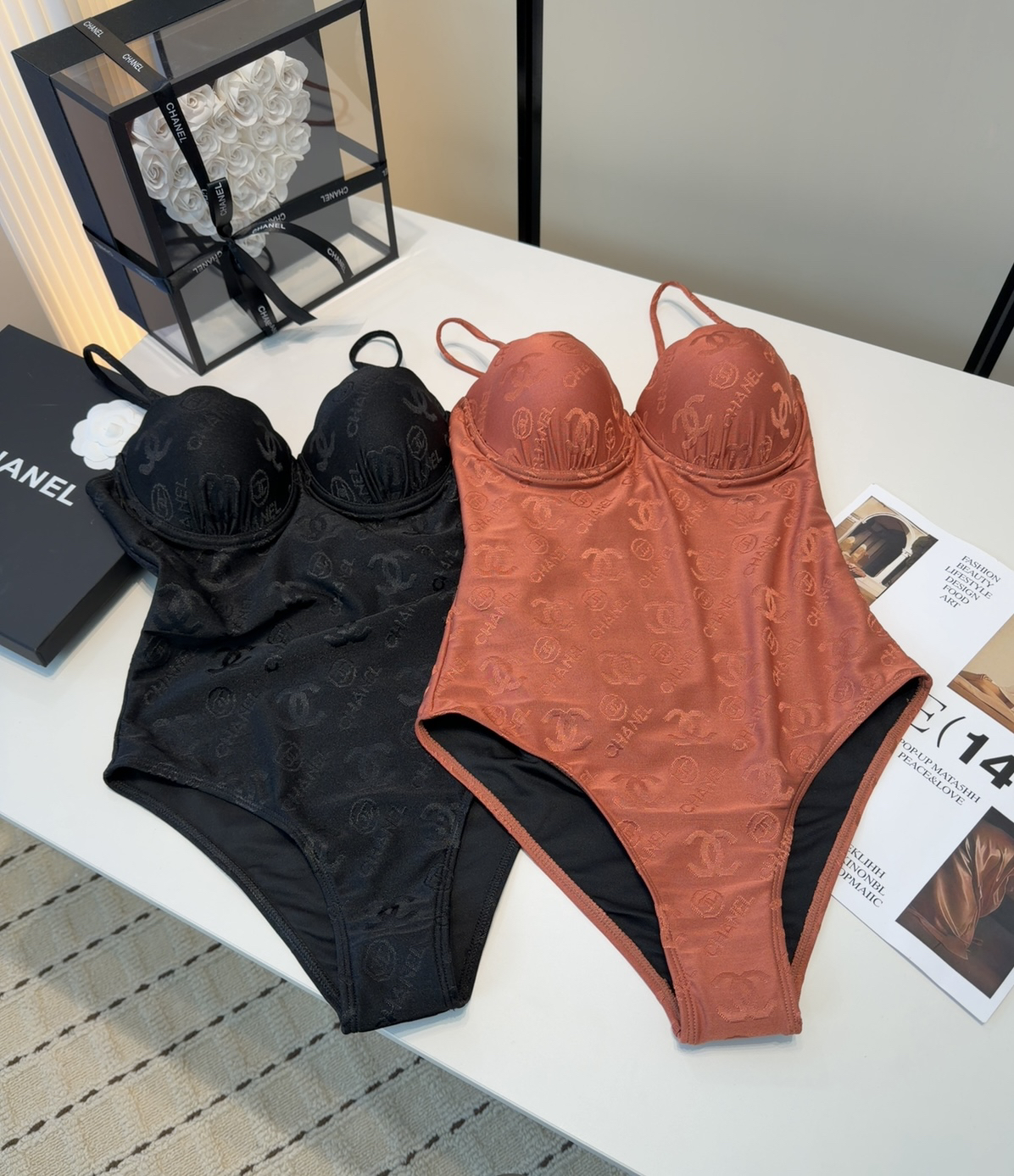 Chanel CC Logo Monogram Embossed Underwire One-Piece Swimsuit With Black Lining - KAIROO