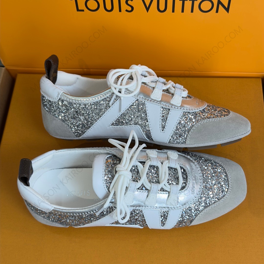 Louis Vuitton LV Monogram Glitter Silver Suede Leather Side Run Away Low Top Ballet Sneakers - KAIROO