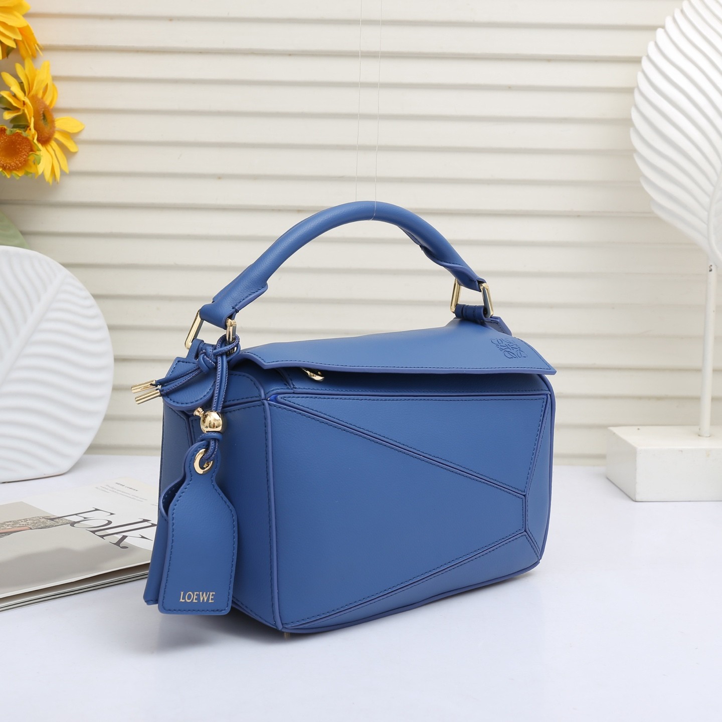 Loewe Small Navy Puzzle Geometric Panelled Grain Leather Handle Shoulder Bags - KAIROO