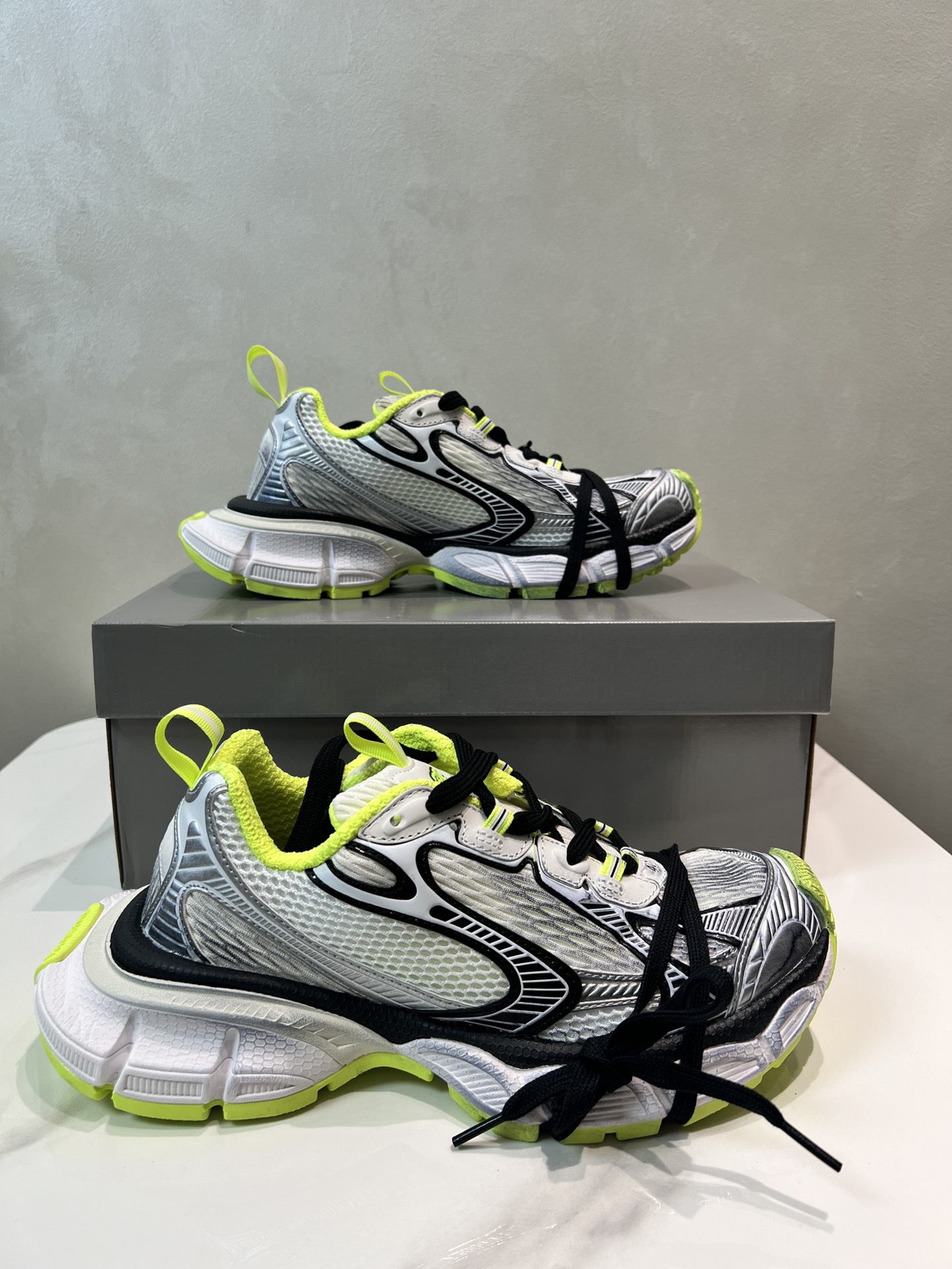 Balenciaga 3XL Silver Neon Green Mesh Polyurethane Wrapped Laces Oversized Chunky Sneakers - KAIROO