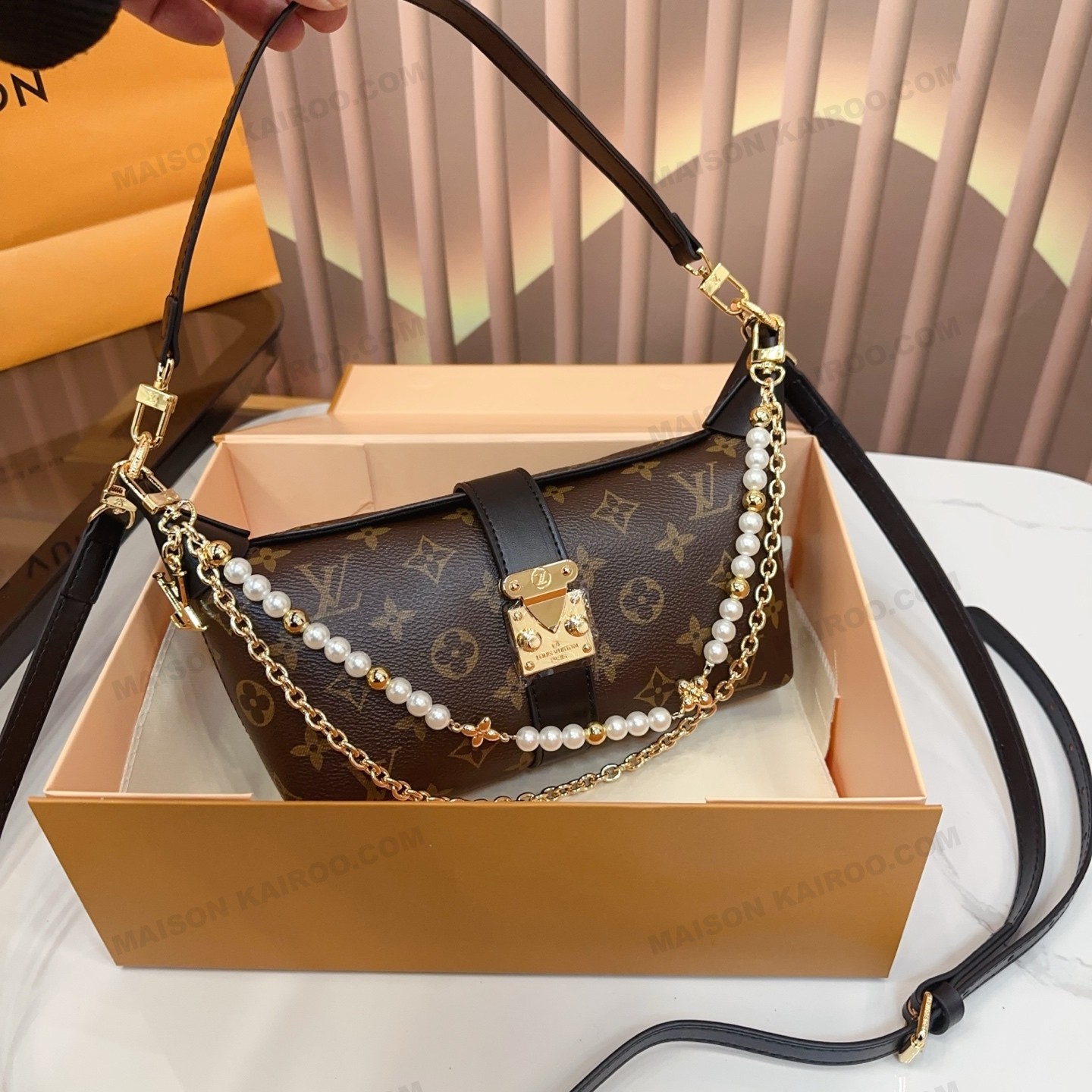 Louis Vuitton LV Pochette Mia Black Monogram Canvas Pearl Chain S-Lock Baguette Hobo Croissant Shoulder Bag - KAIROO