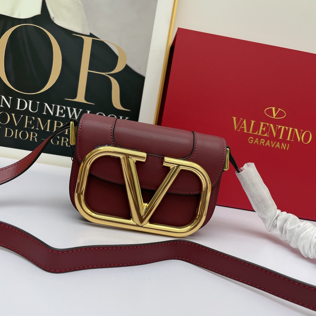 Valentino Mini& Small Oversized VLogo Signature Bordeaux Leather Maxi Gold Hardware Flap Shoulder Bag - KAIROO